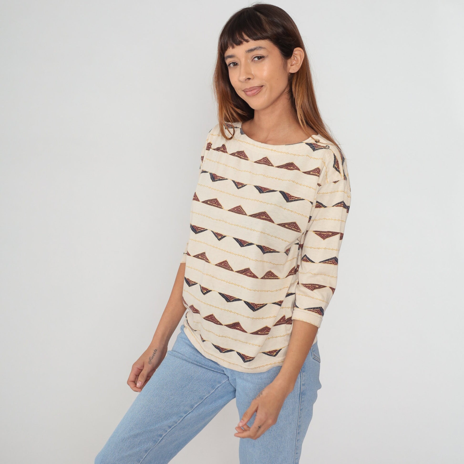 90s Outback Red Triangle Print Button Shoulder Blouse Beige Small