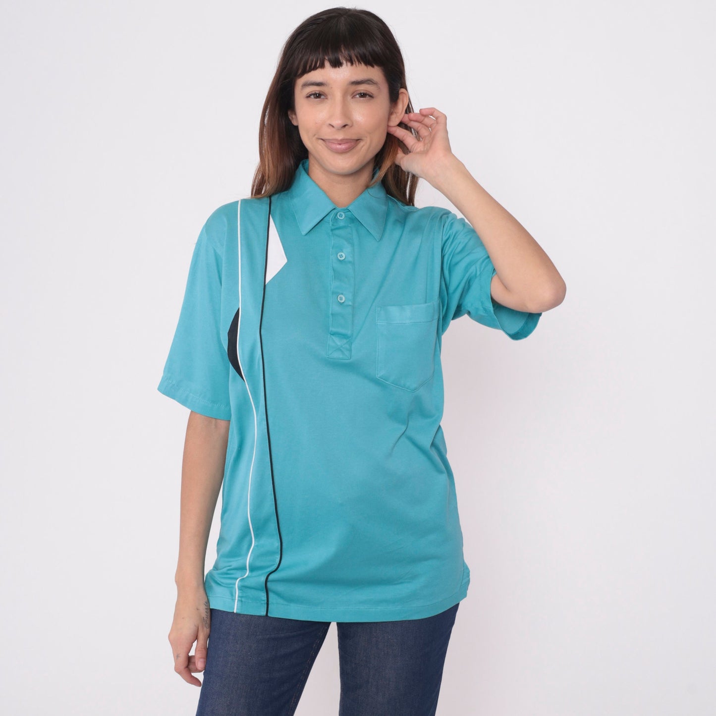 90s Cougar Golf Polo Shirt Blue Geometric Piping Stripes Medium