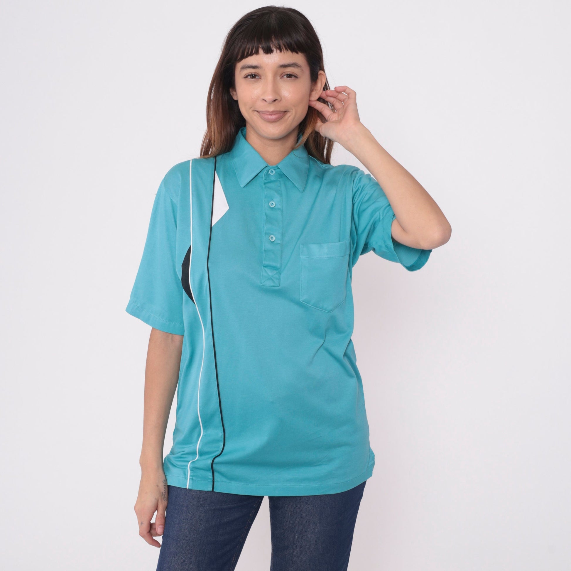 90s Cougar Golf Polo Shirt Blue Geometric Piping Stripes Medium