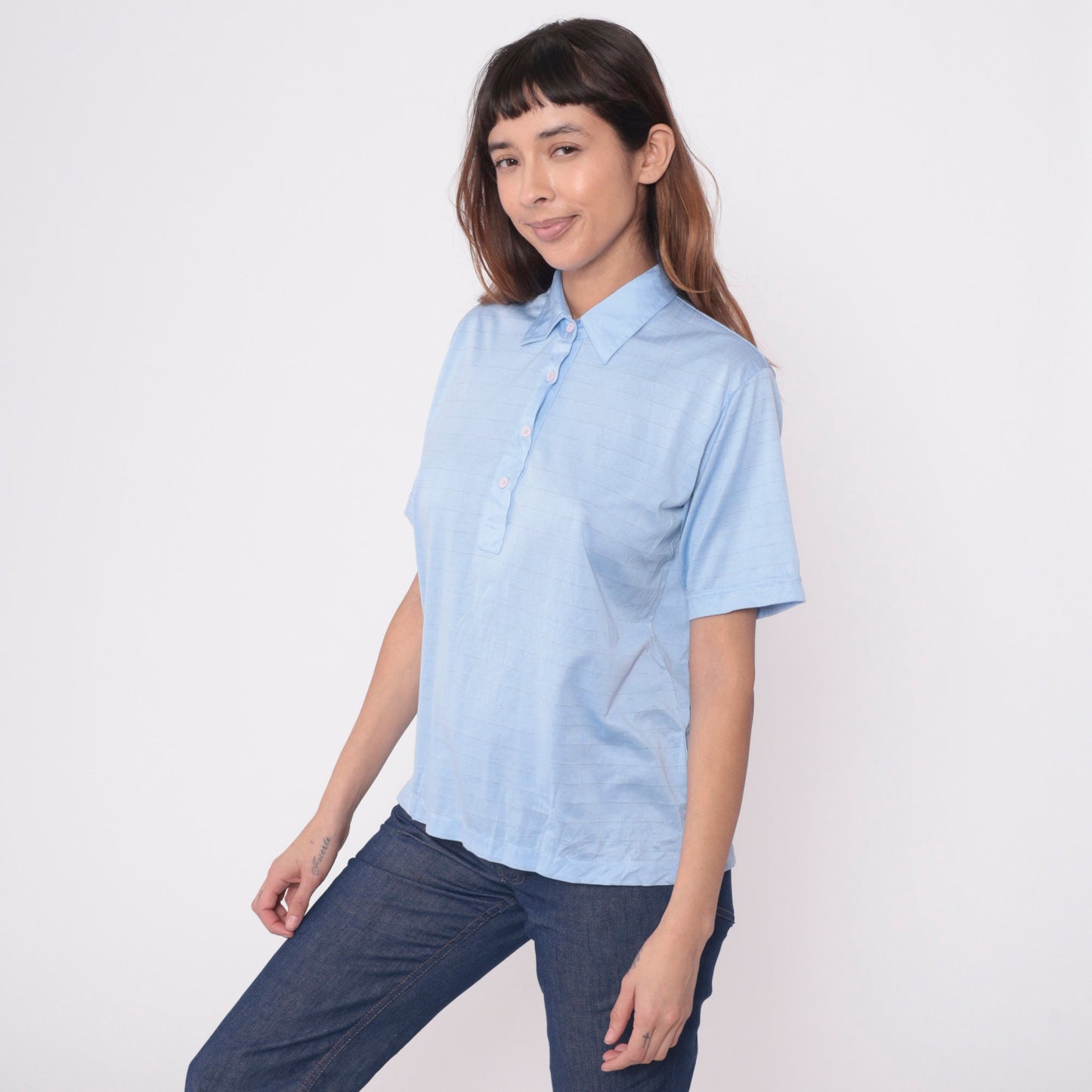 80s Lady Cougar Polo Shirt Baby Blue Grid Print Quarter Button Medium