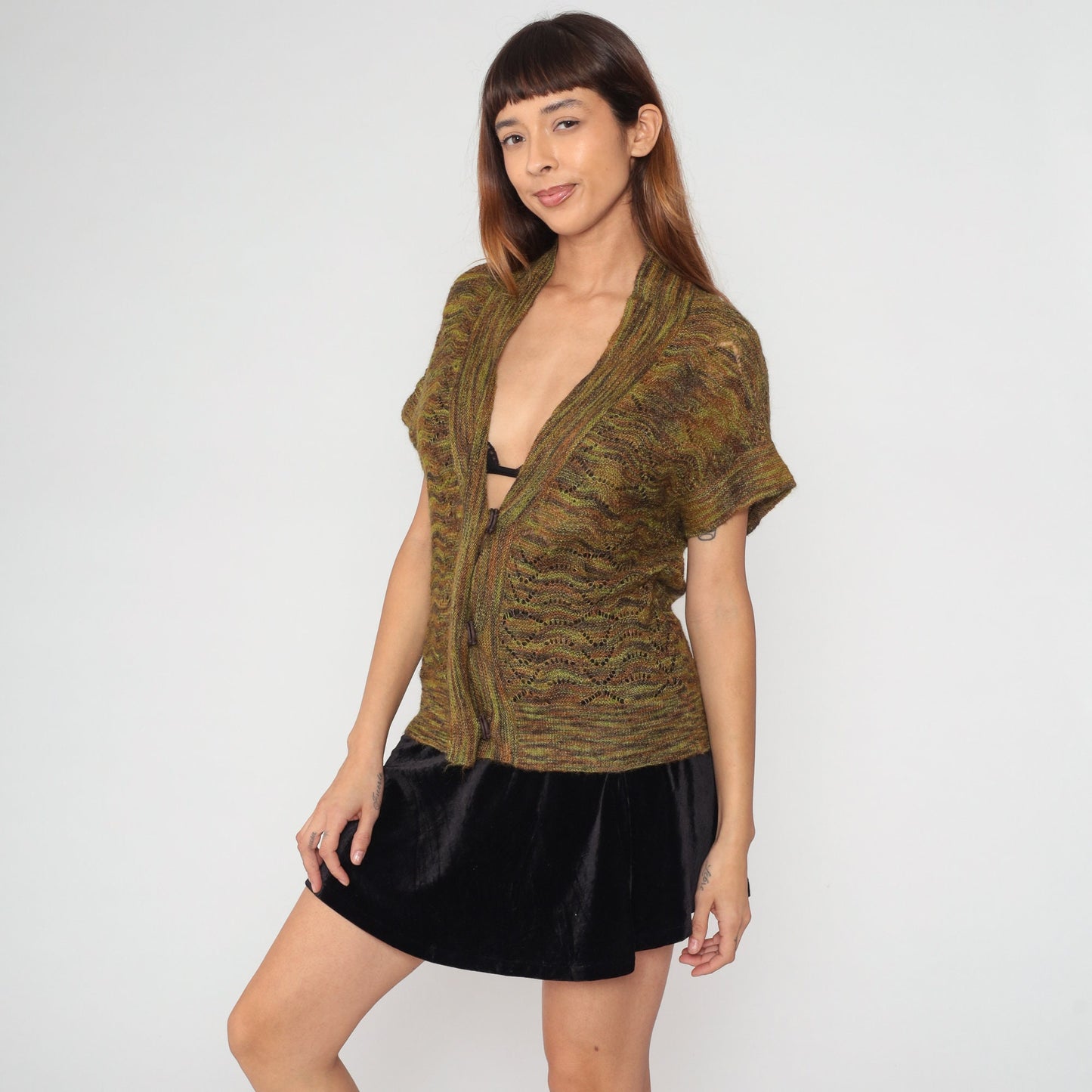 90s Jones New York Space Dye Cardigan Brown Green Mohair Blend Short Sleeve Small