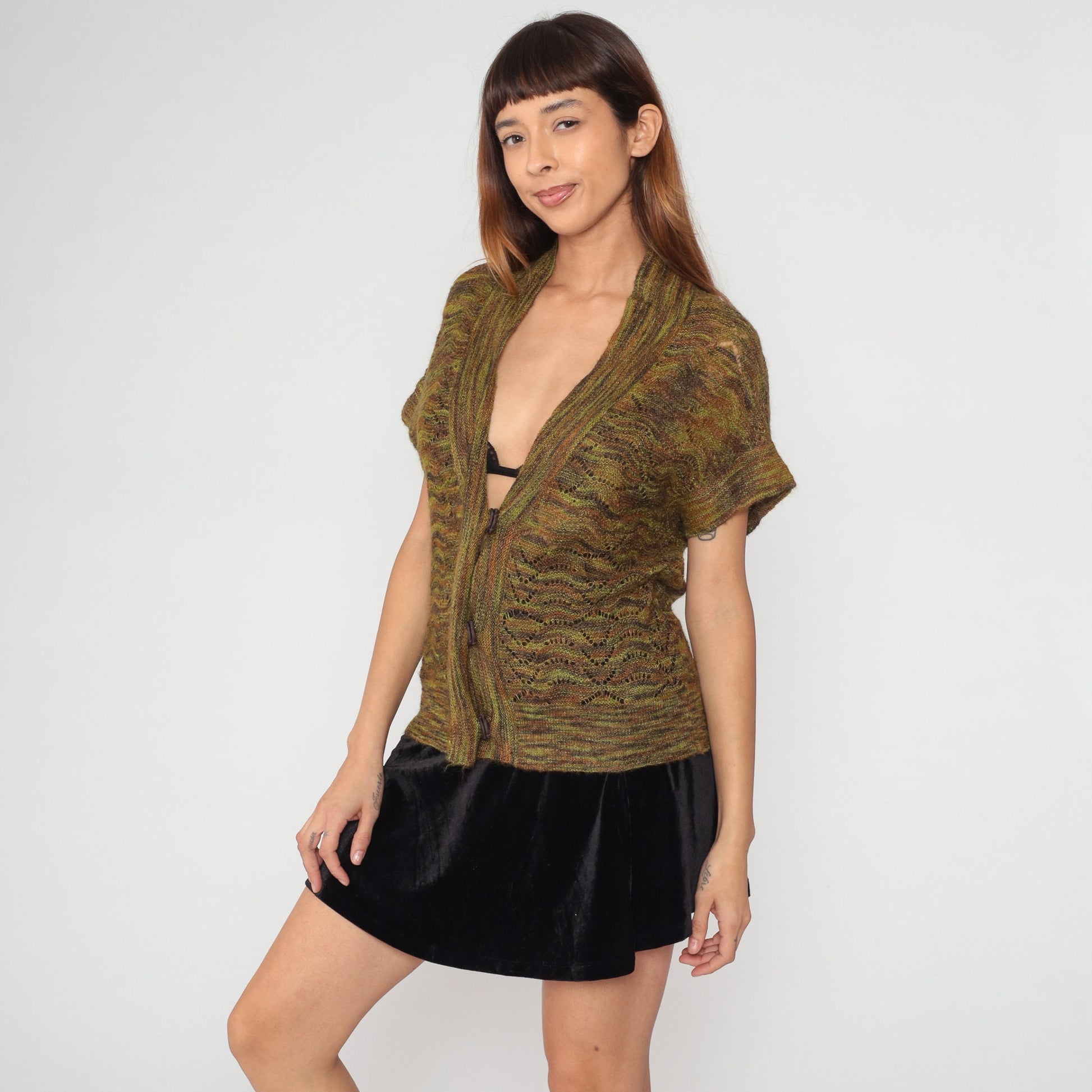 90s Jones New York Space Dye Cardigan Brown Green Mohair Blend Short Sleeve Small