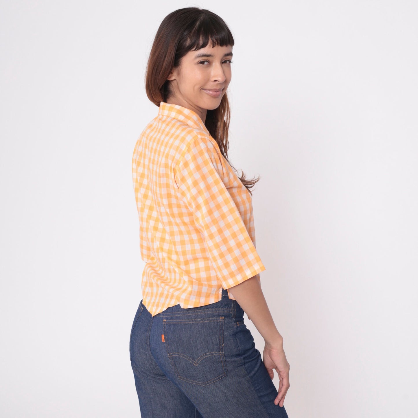70s Ship n Shore Orange Gingham Blouse Vagabond Clown Embroidered 3/4 Sleeve Extra Small XS