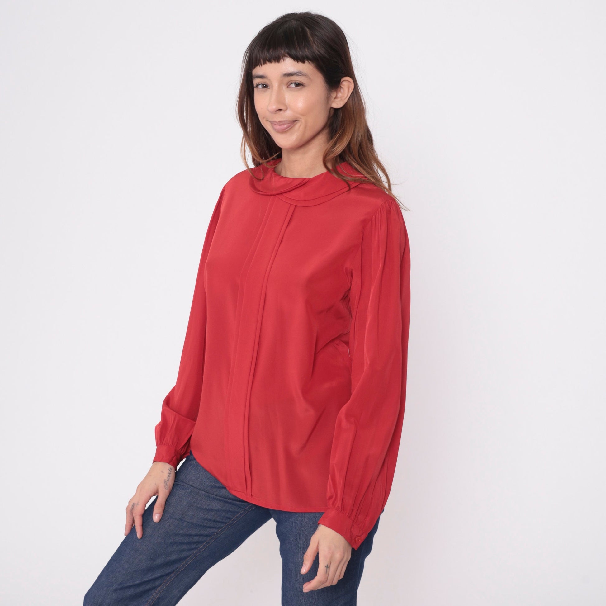 80s Red Puff Sleeve Blouse Peter Pan Collar Pleated Button Up Medium