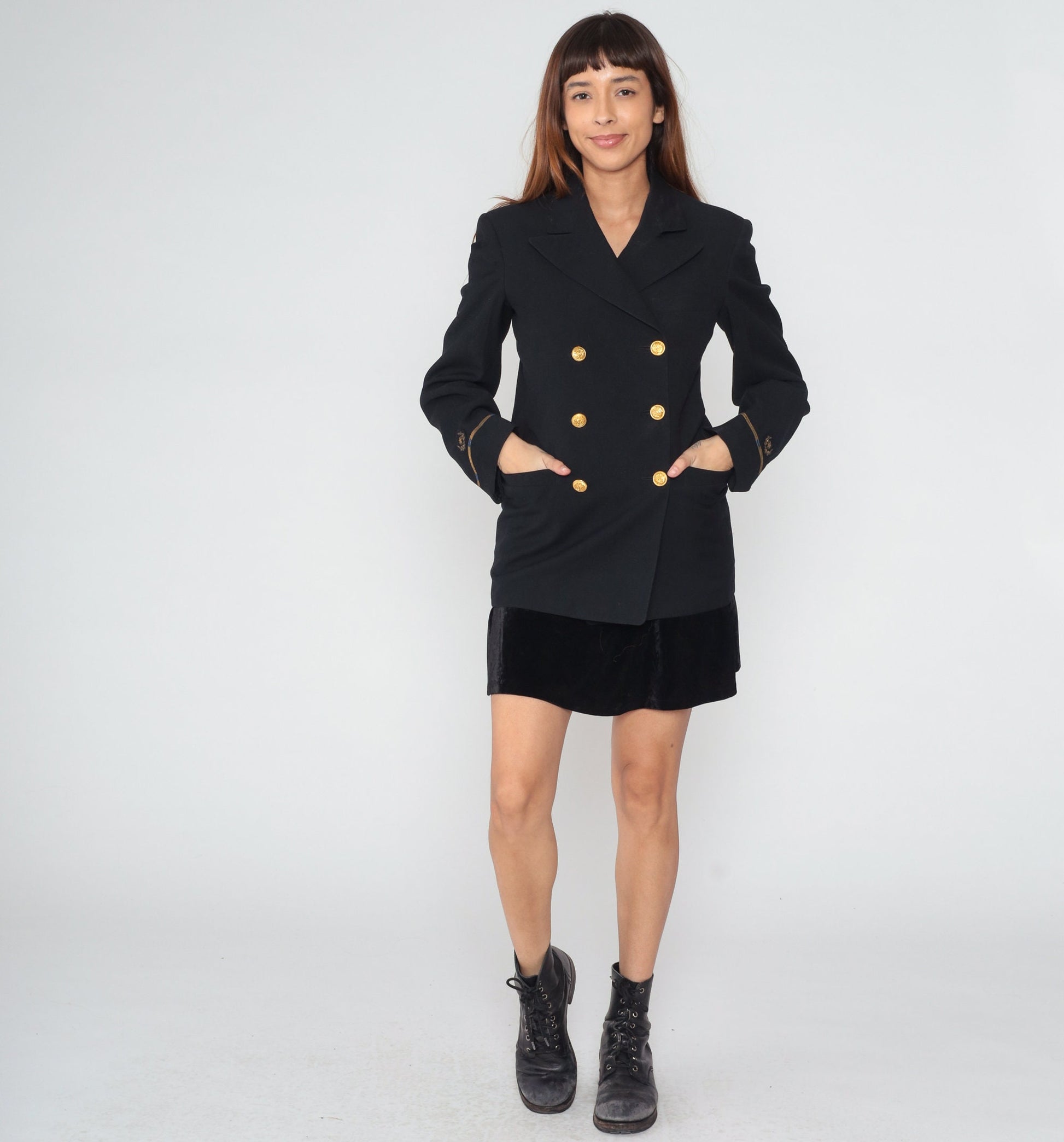 80s Wender and Goldstein Black Wool Double Breasted Blazer Gold Nautical Buttons Small S