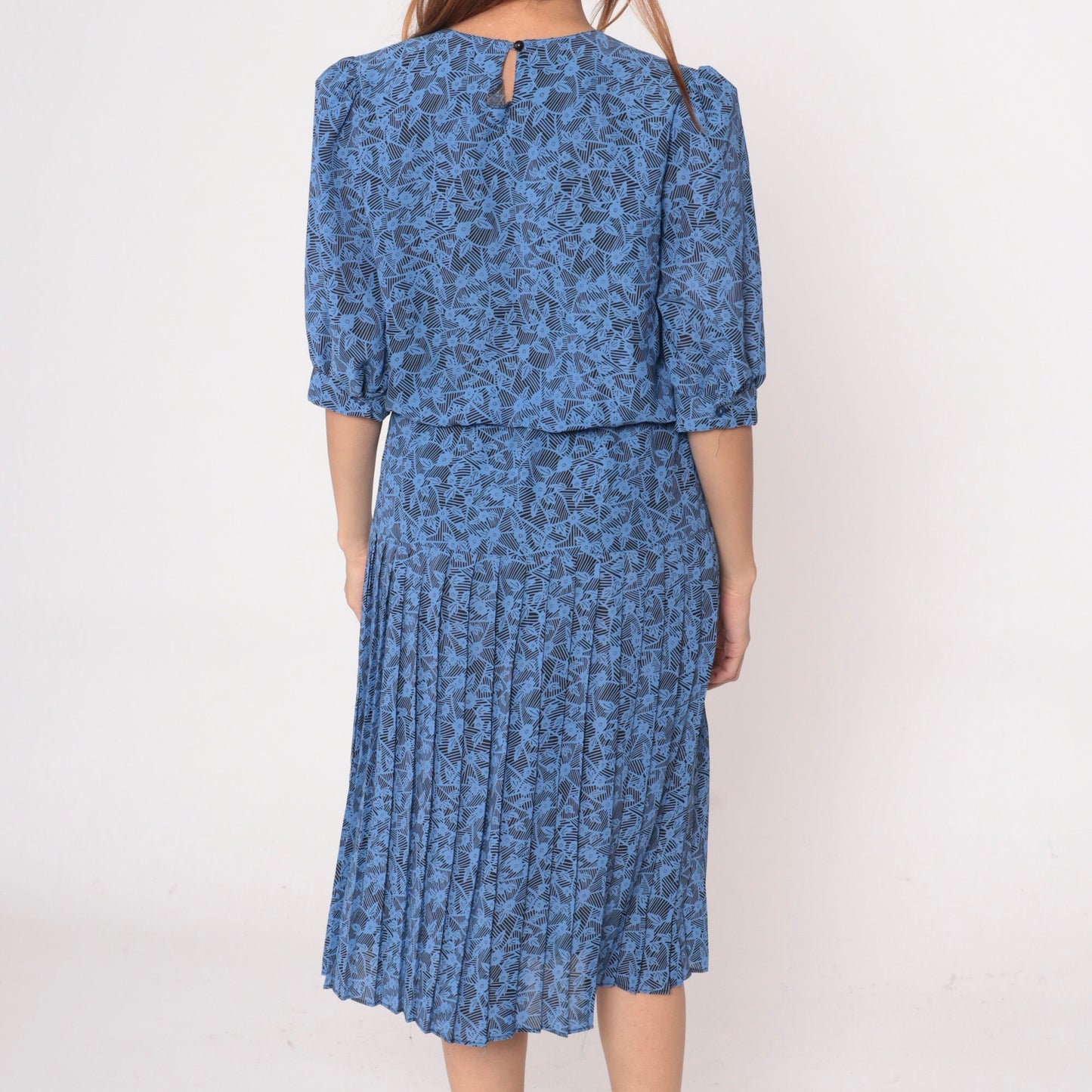 80s Blue Floral Midi Dress Puff Sleeve Pleated High Waist Medium