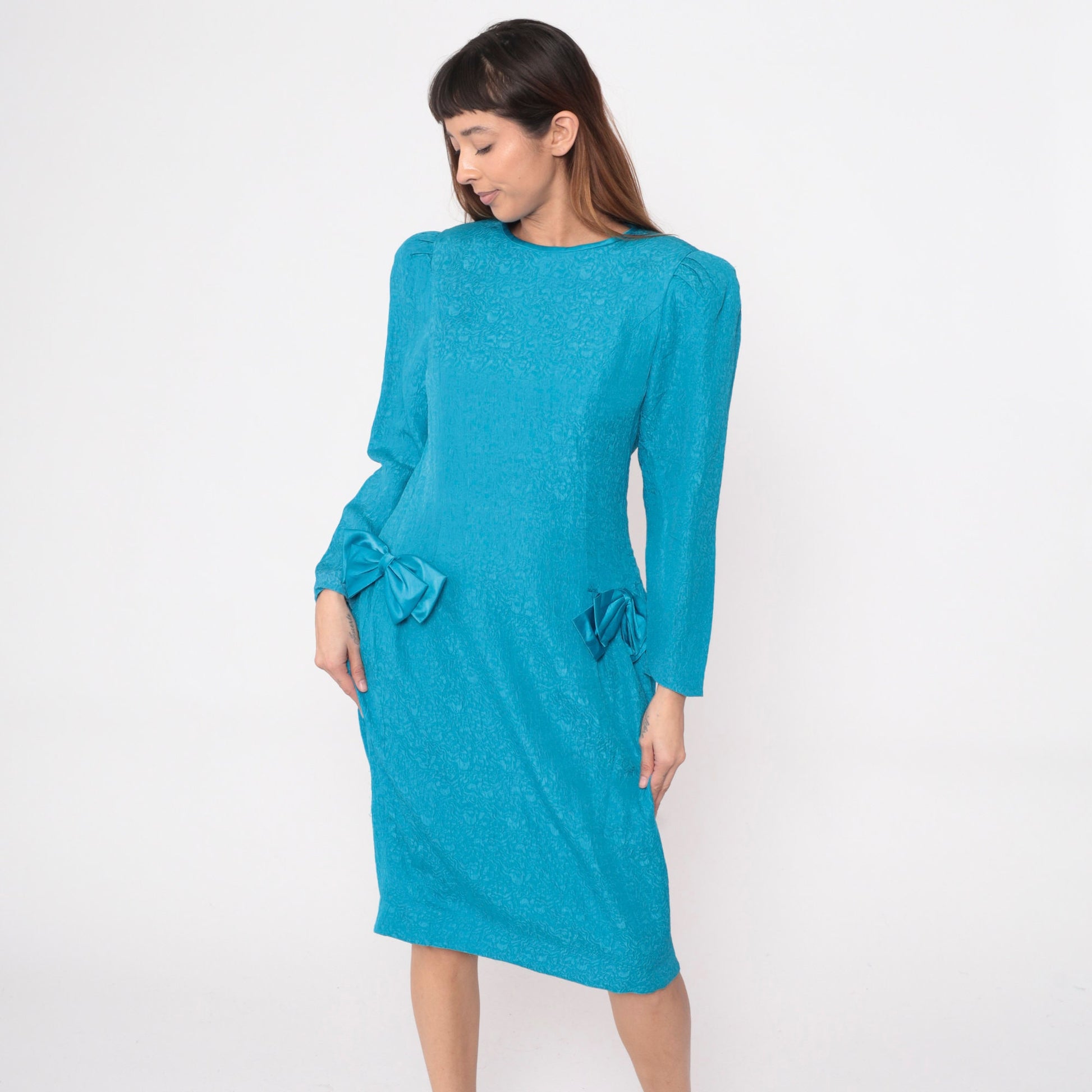 80s Richard Warren Turquoise Silk Midi Dress Puff Sleeve Bow Medium