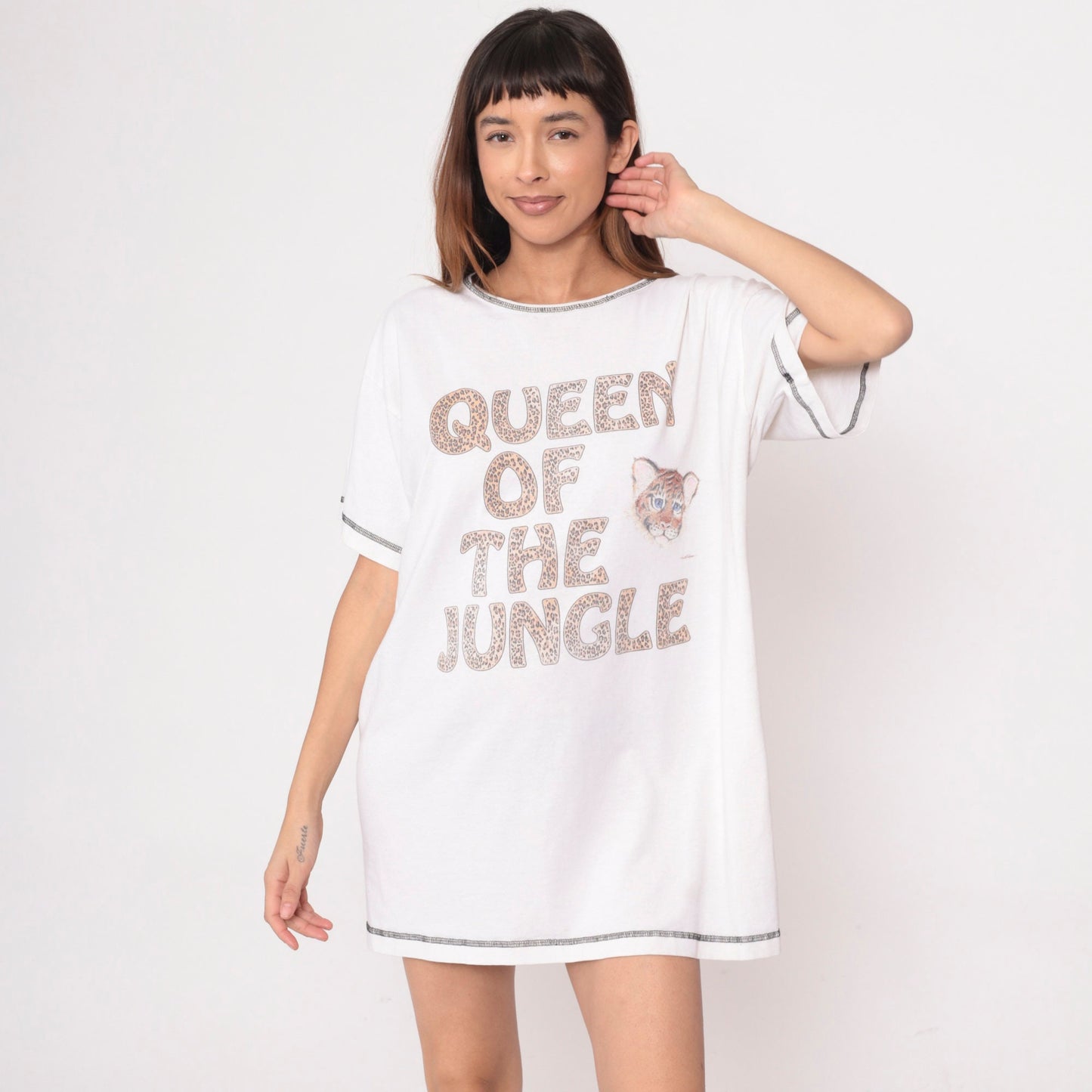 90s Tiger Print T-Shirt Dress Queen of the Jungle Graphic Mini Nightie White Small