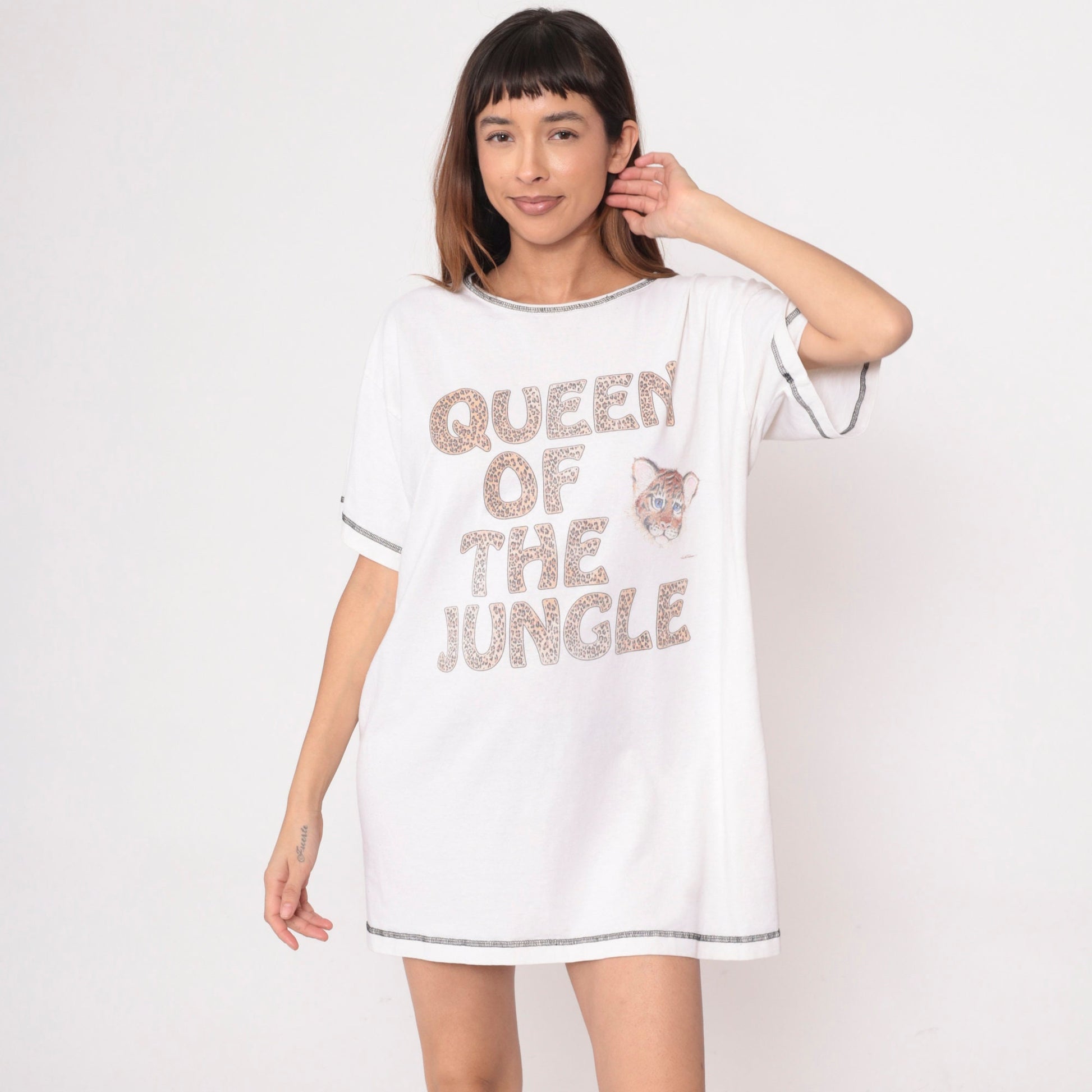 90s Tiger Print T-Shirt Dress Queen of the Jungle Graphic Mini Nightie White Small