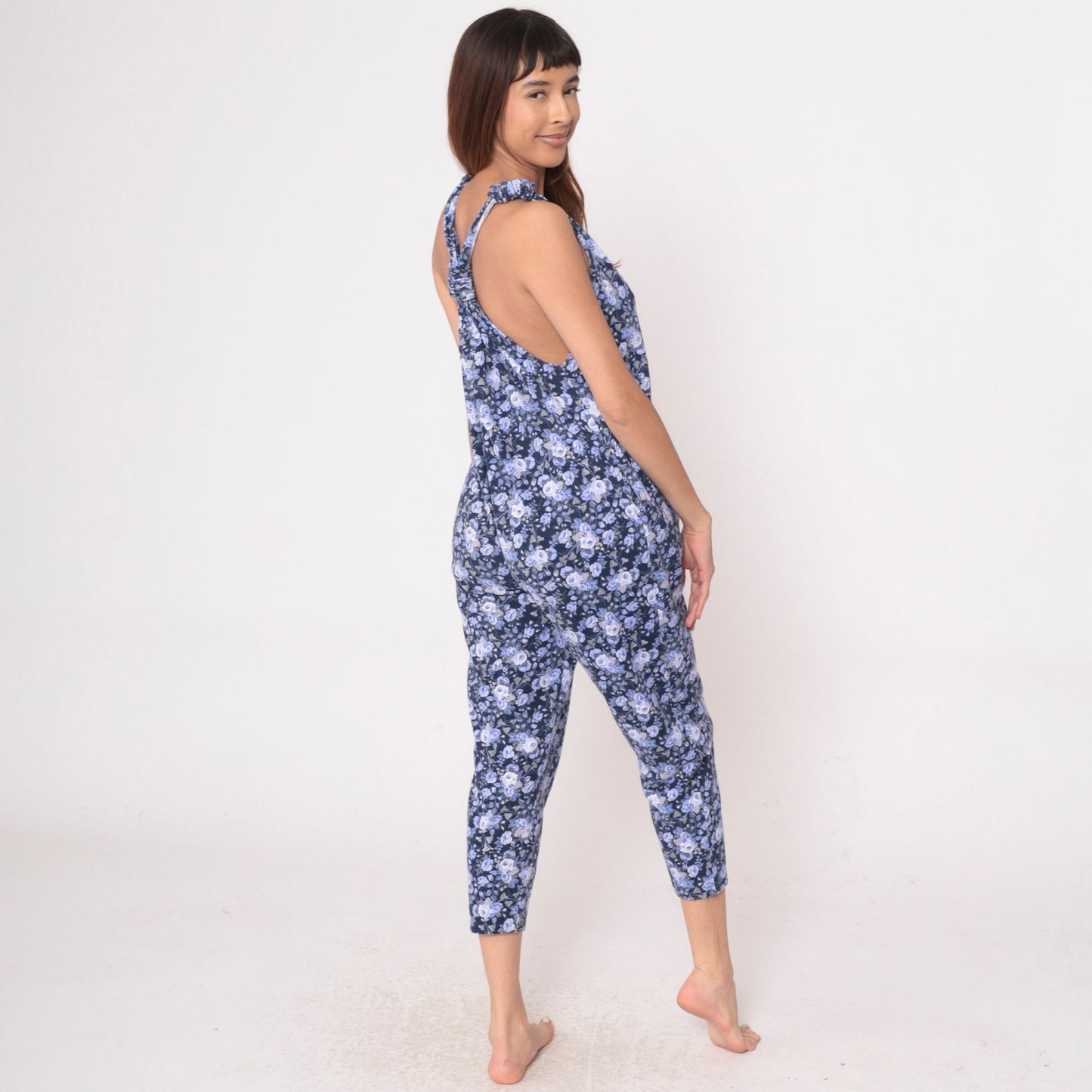 90s Periwinkle Floral Jumpsuit Y-Back Tapered Capri V-Neck Sleeveless Small Medium