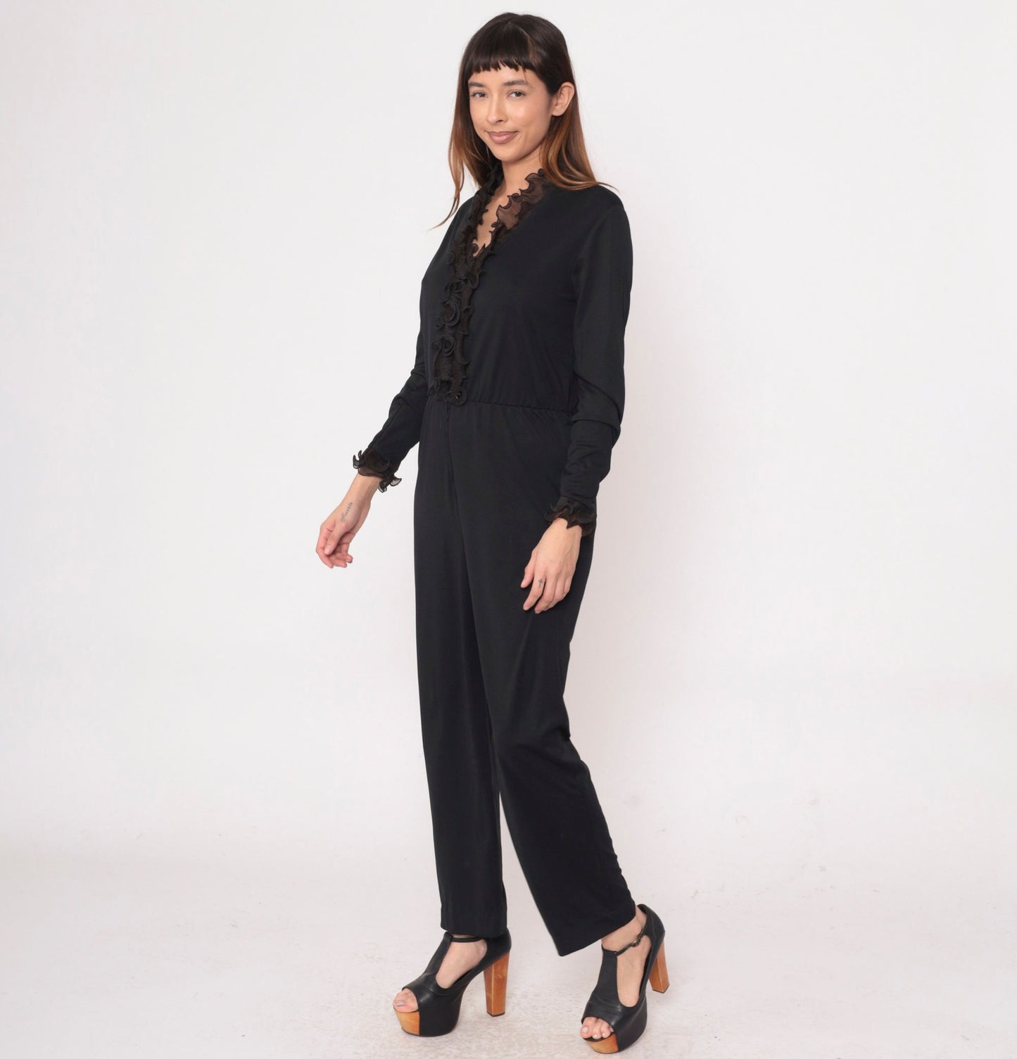 70s Black Tuxedo Jumpsuit Ruffled Front Long Sleeve High Waist Medium