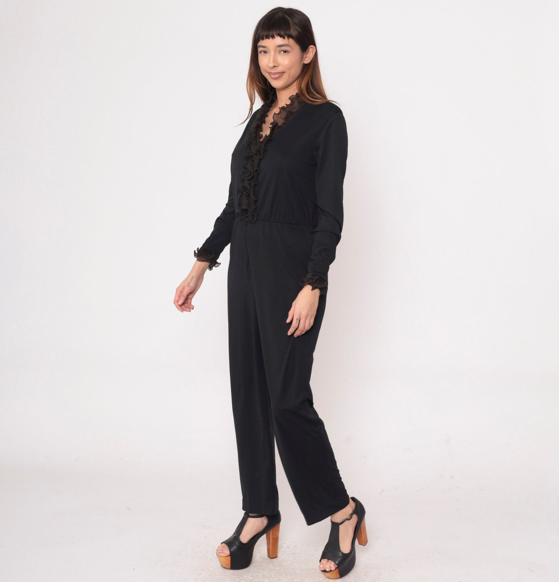 70s Black Tuxedo Jumpsuit Ruffled Front Long Sleeve High Waist Medium