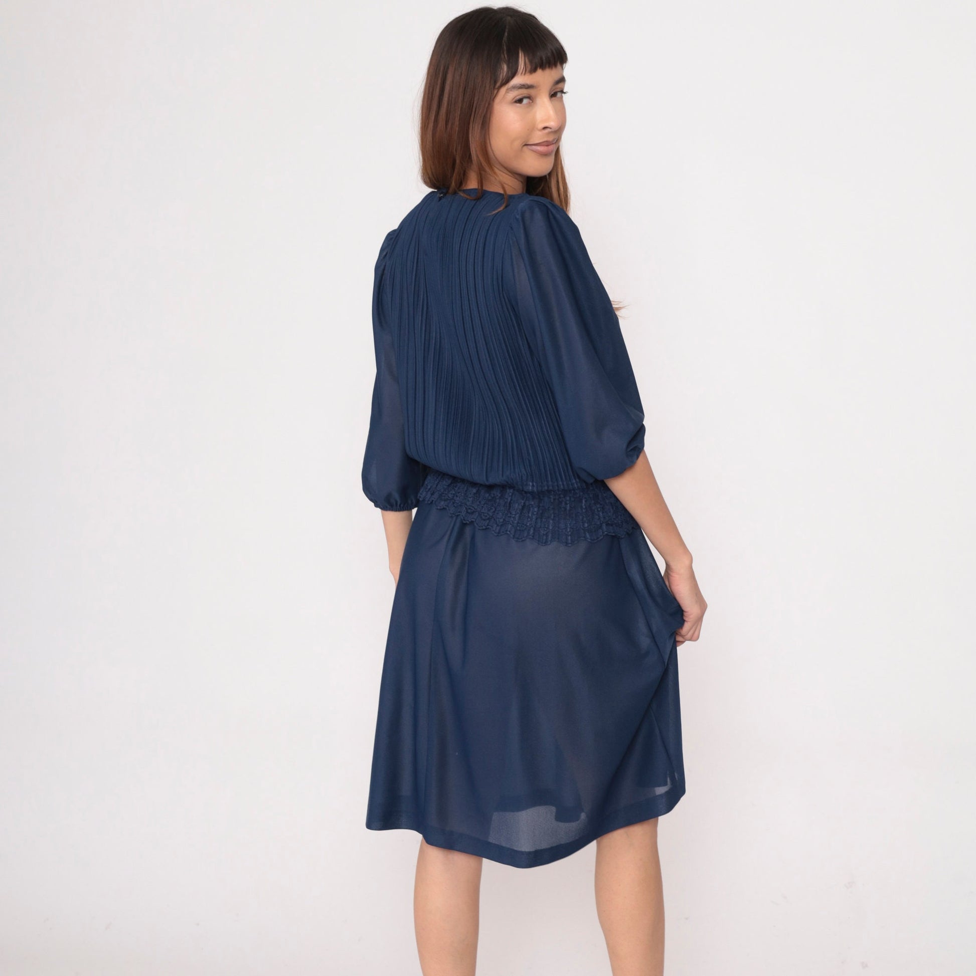 80s Dark Blue Pleated Midi Dress Puff Sleeve Lace Trim Drop Waist Medium