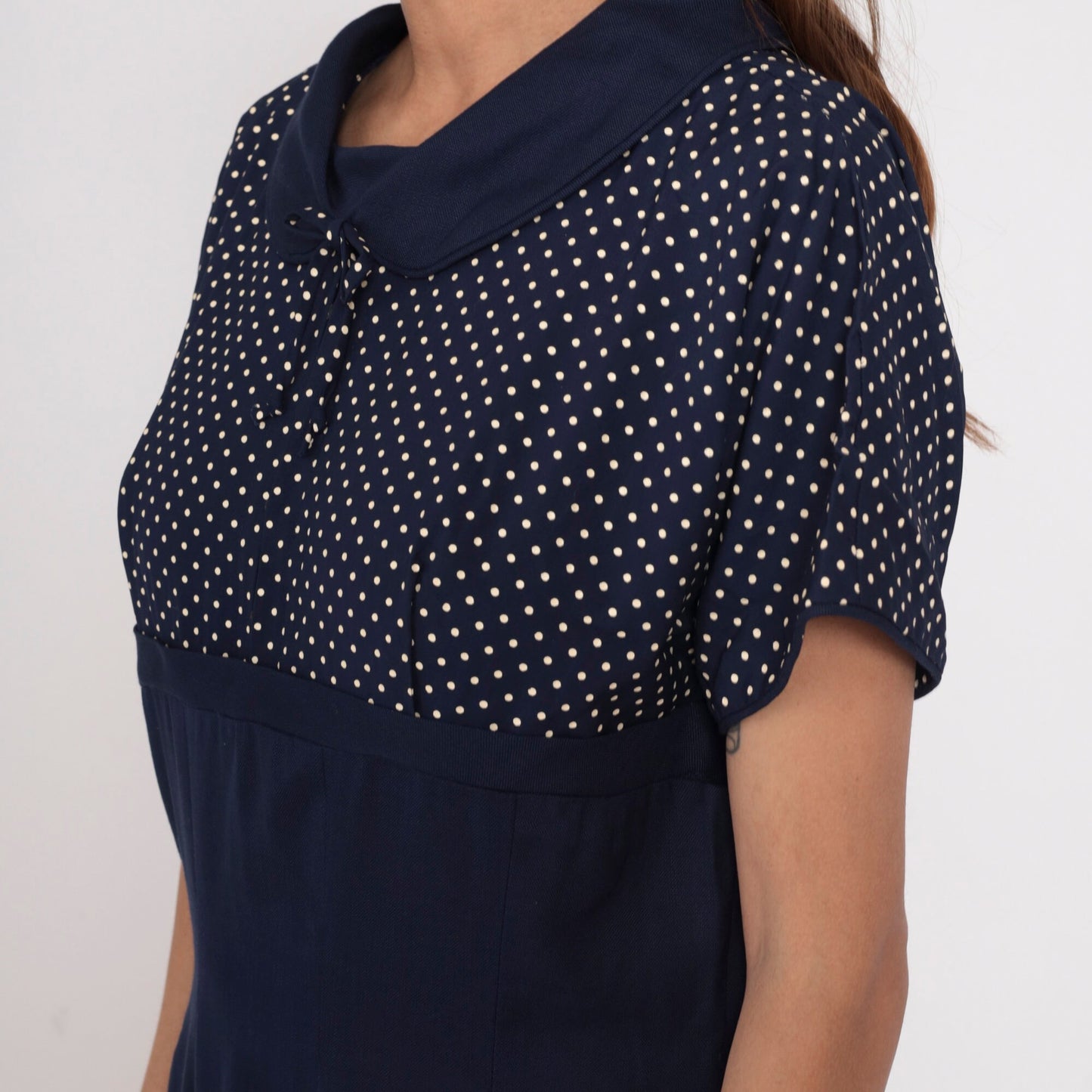 1960s Navy Polka Dot Rhinestone Bow Cocktail Dress Empire Waist Large L