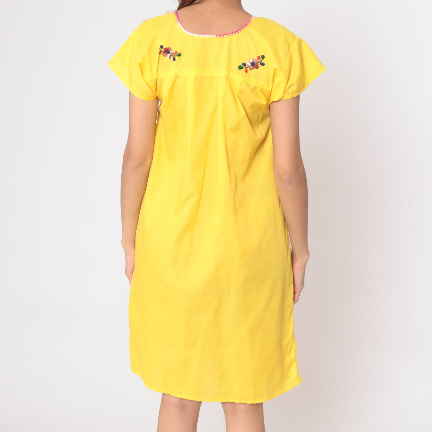 90s Mexican Yellow Cotton Midi Dress Floral Embroidered Short Sleeve Extra Small