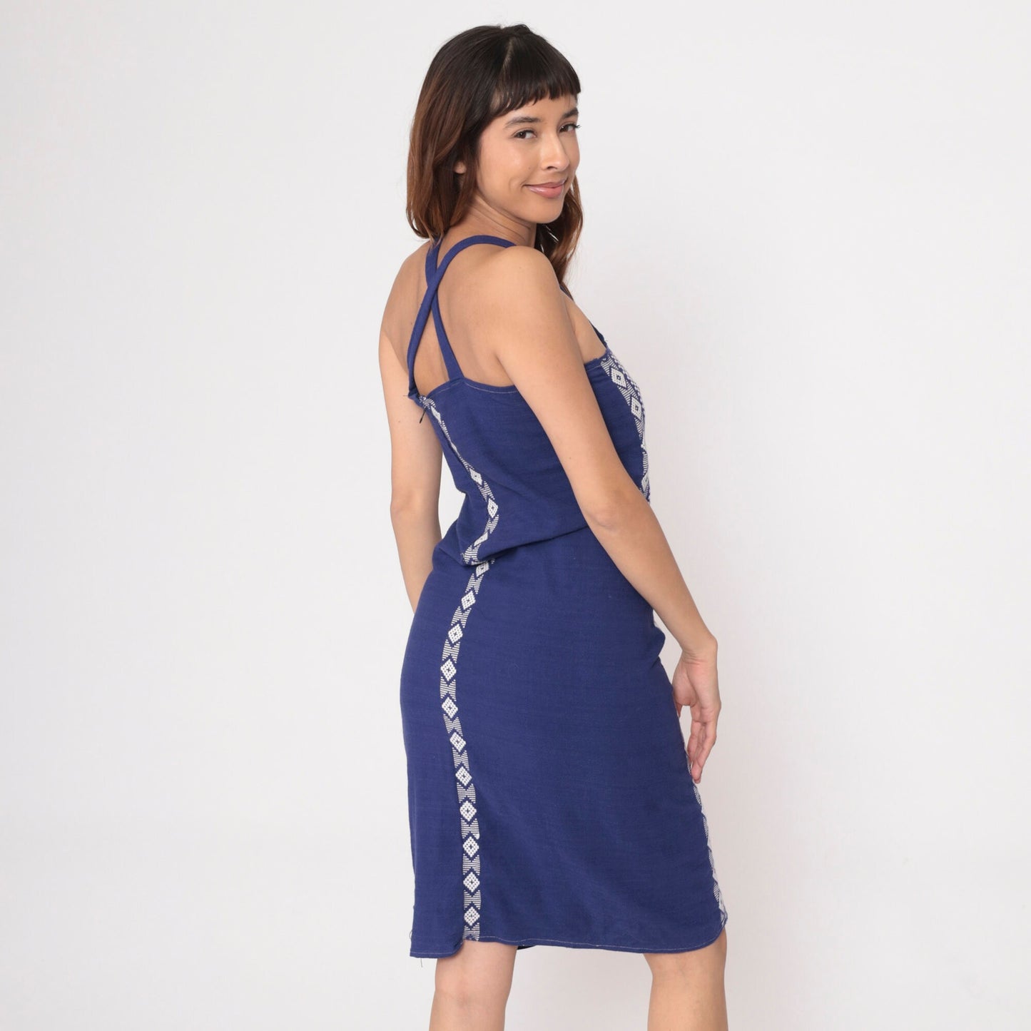 90s Blue Aztec Embroidered Midi Sundress Criss-Cross Spaghetti Strap Extra Small XS