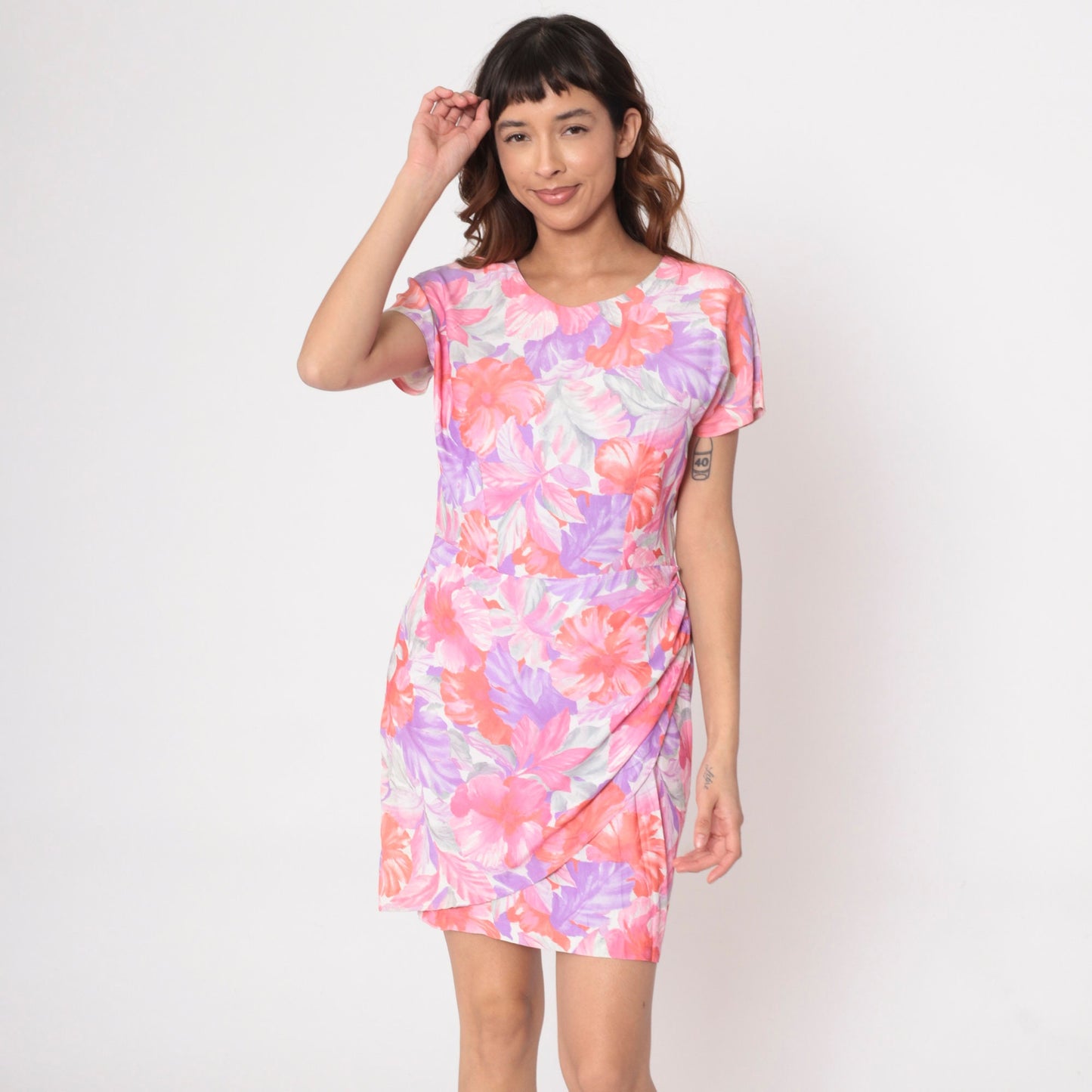 80s Tropical Floral Mini Wrap Dress Purple Orange Short Sleeve Small