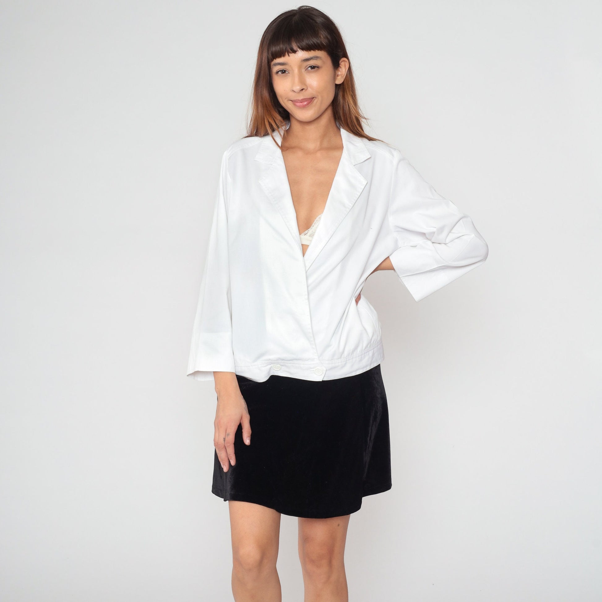90s Mary McFadden White Double Breasted Blazer Deep V Neck Small S
