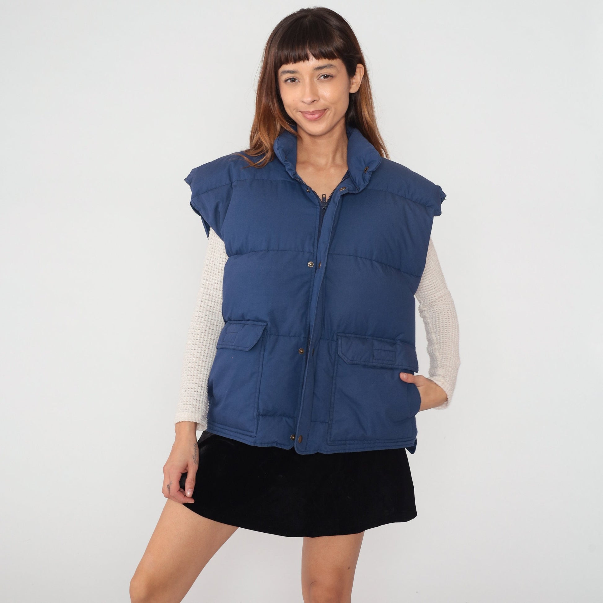 90s Navy Blue Down Puffer Vest Sleeveless Zip Snap Jacket Large L