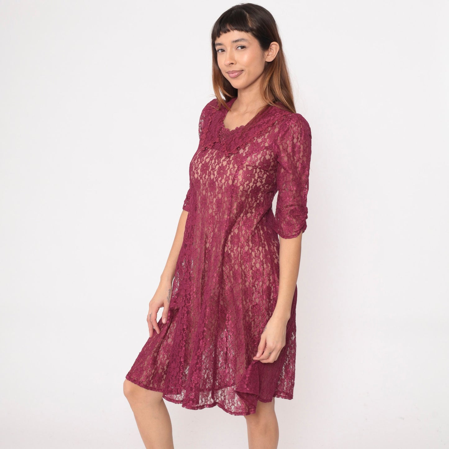 90s Raspberry Lace Dress Chelsea Collar Puff Sleeve Knee Length Extra Small
