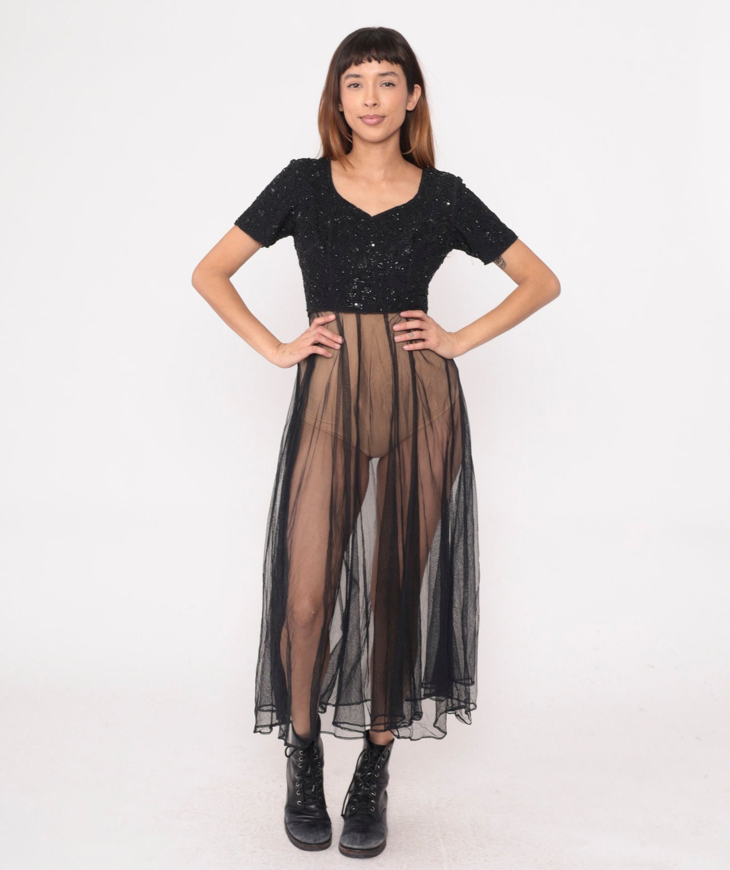 80s Black Beaded Chiffon Midi Dress Sequined Party Gown Short Sleeve Small