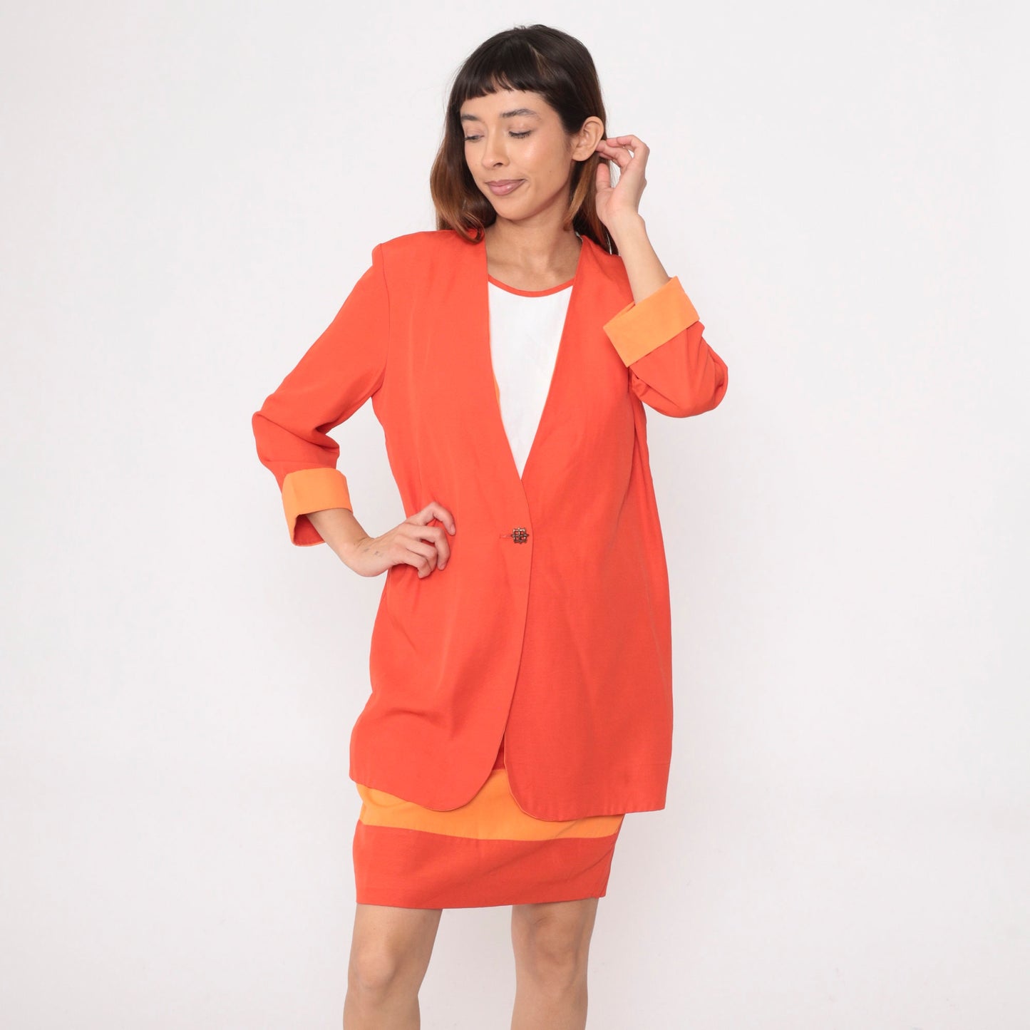 80s Orange Two-Tone Shift Dress with Attached Jacket Mini Medium
