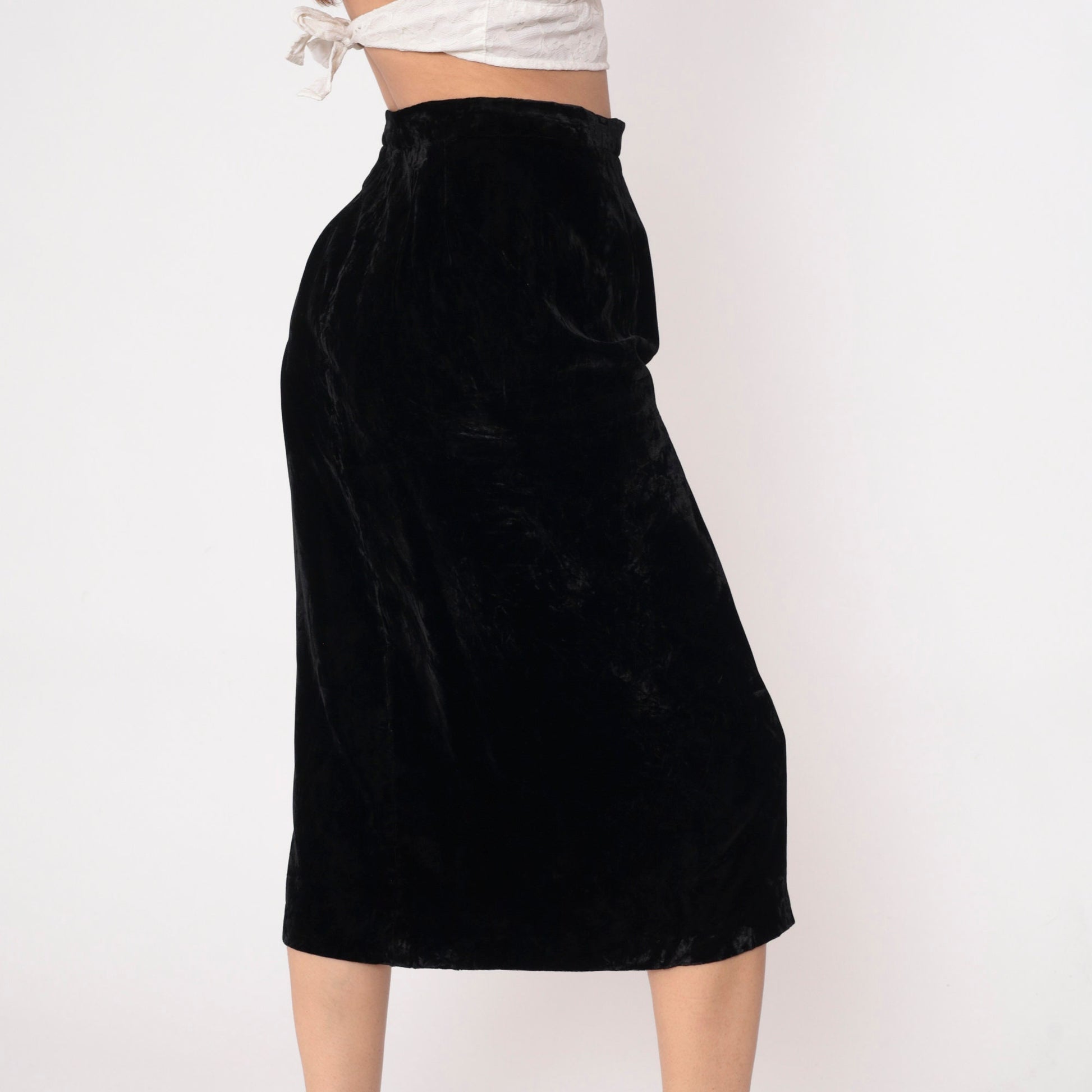 90s Black Velvet Midi Pencil Skirt High Waist Side Slit Small