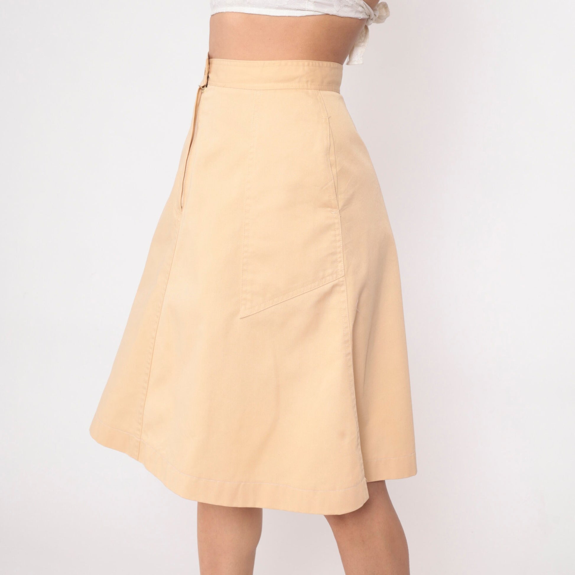 70s Tan A-Line Midi Skirt High Waist Pockets Front Zip Small