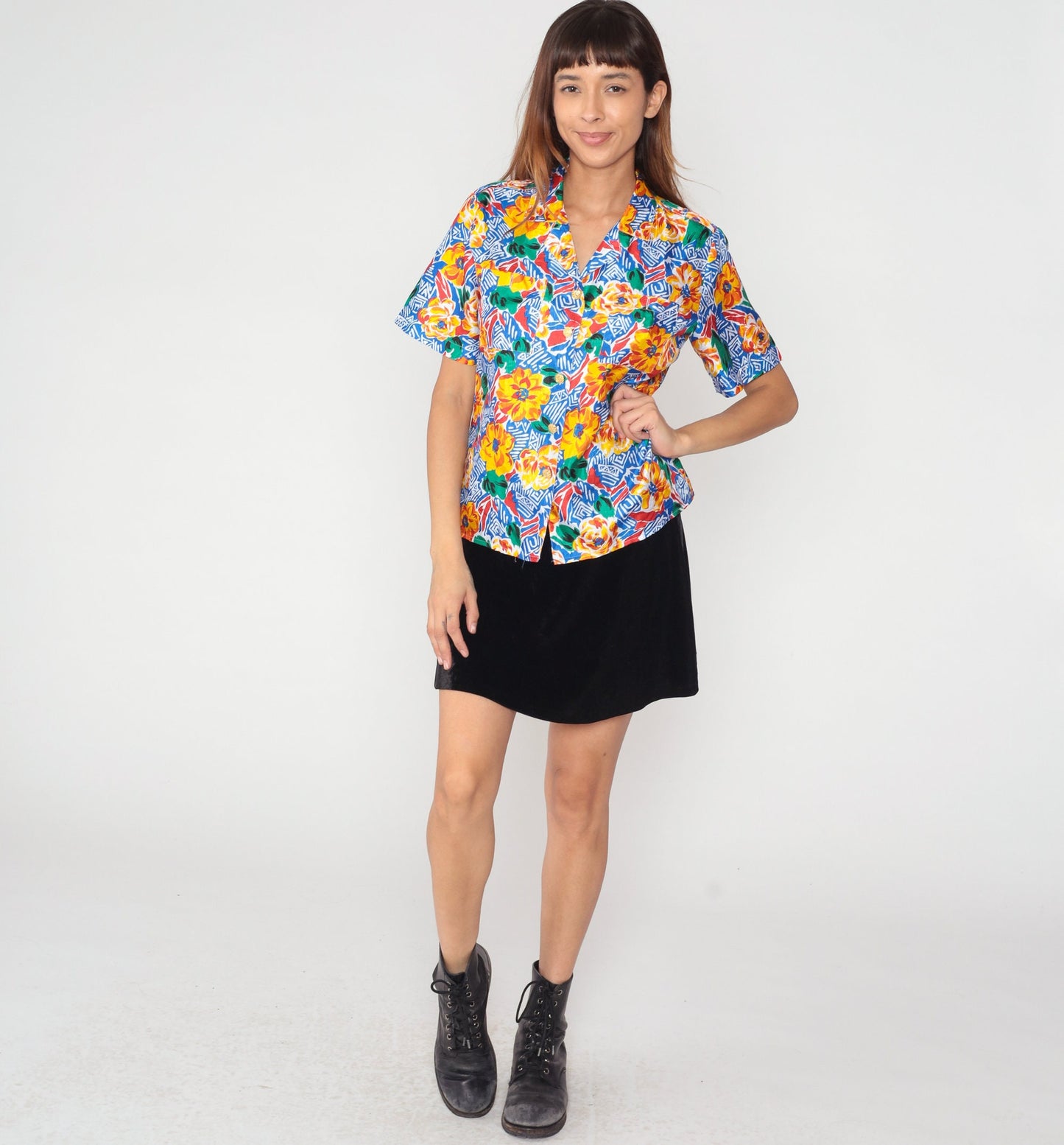 90s Geometric Floral Button-Up Blouse Abstract Print Short Sleeve Small