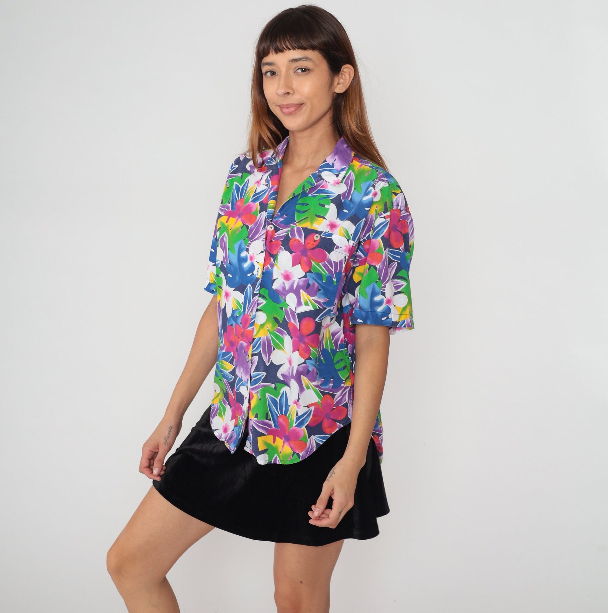 90s Liz Sport Tropical Floral Button-Up Shirt Plumeria Print Cotton Small