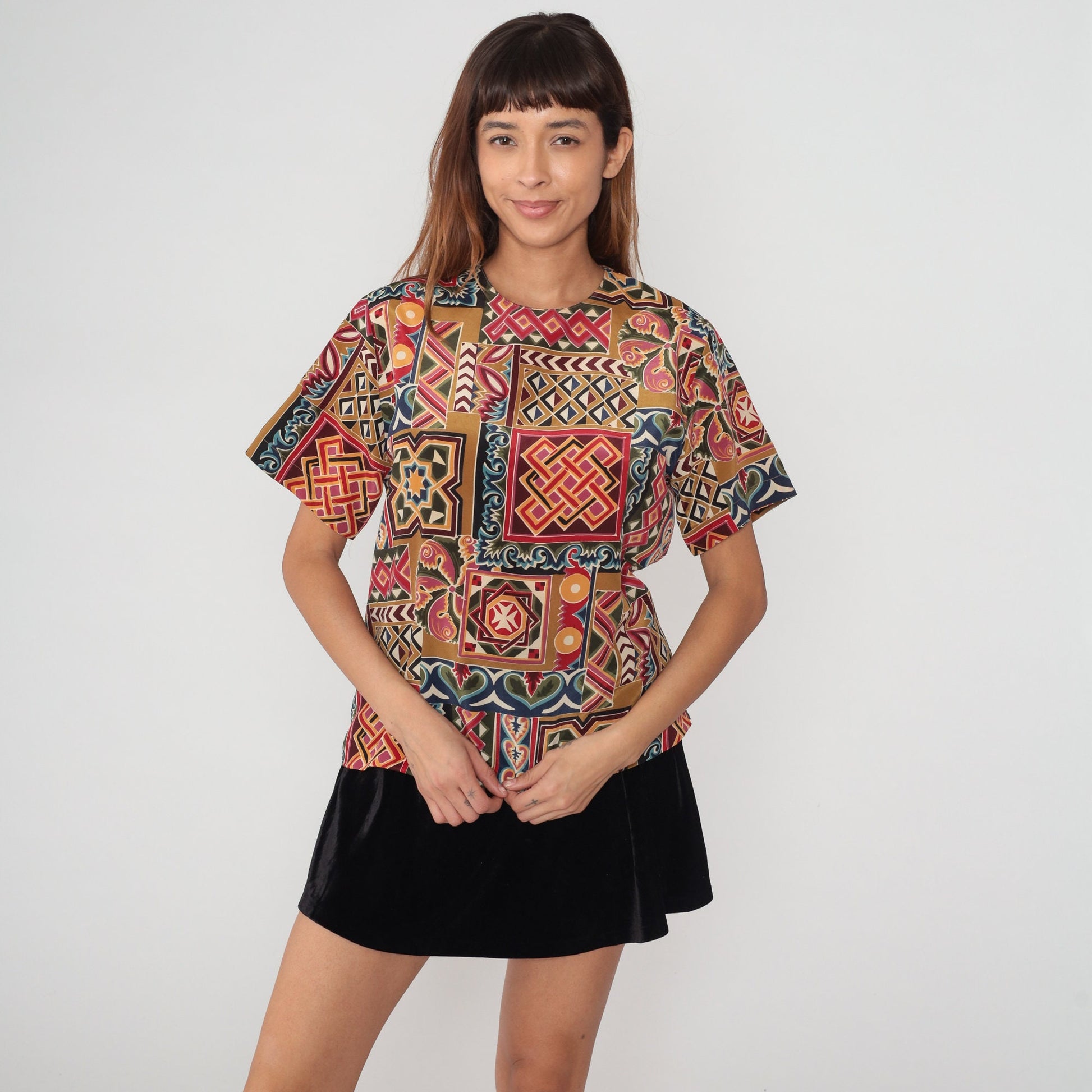 90s Geometric Abstract Print T-Shirt Heart Diamond Pattern Large
