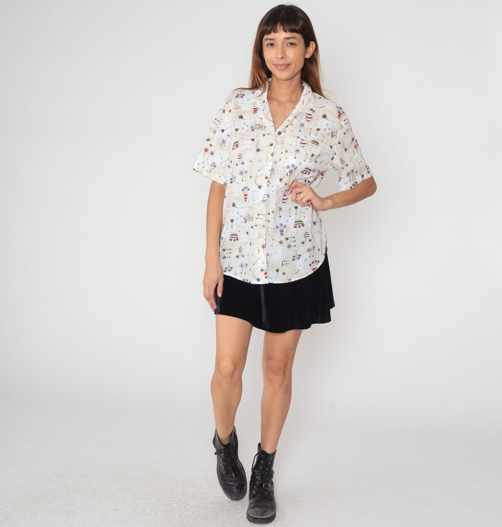 90s Floral Flowerpot Button-Up Blouse Beige Short Sleeve Collared Top Large L