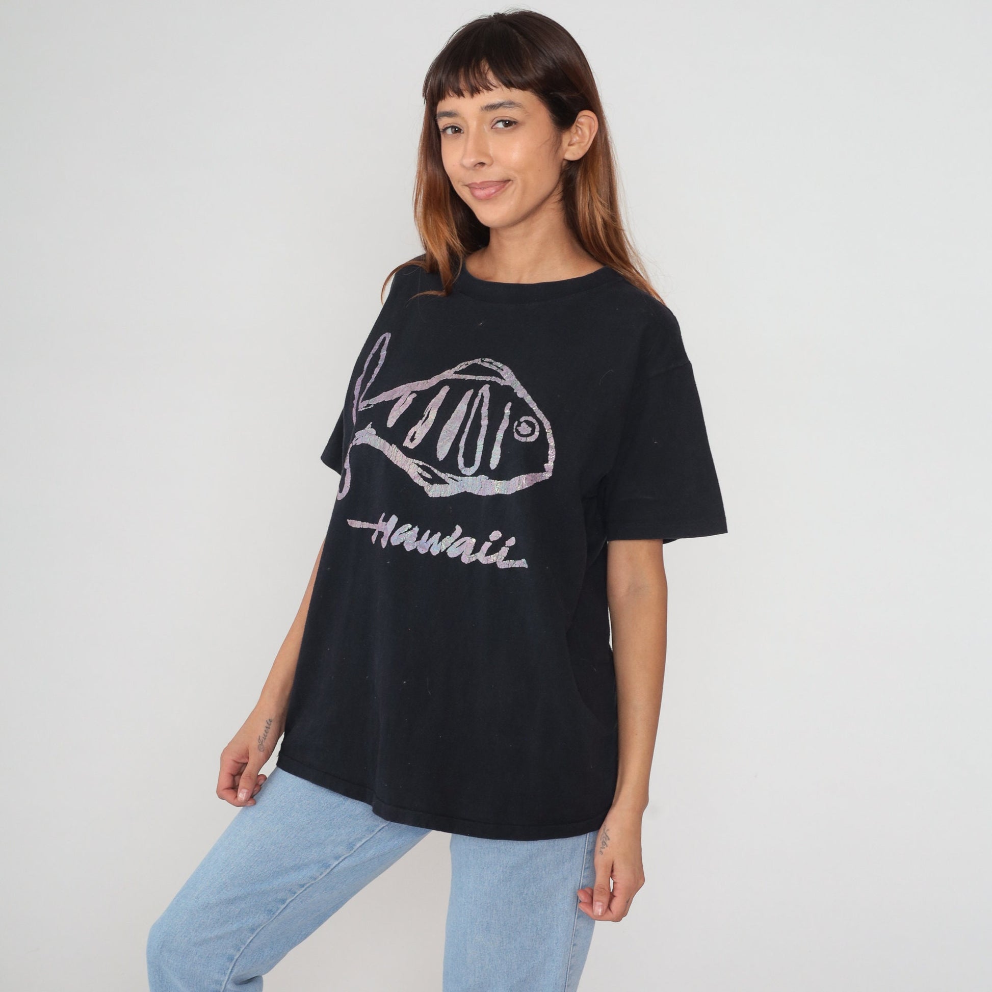 90s Hawaii Iridescent Fish Graphic T-Shirt Black Single Stitch Large L