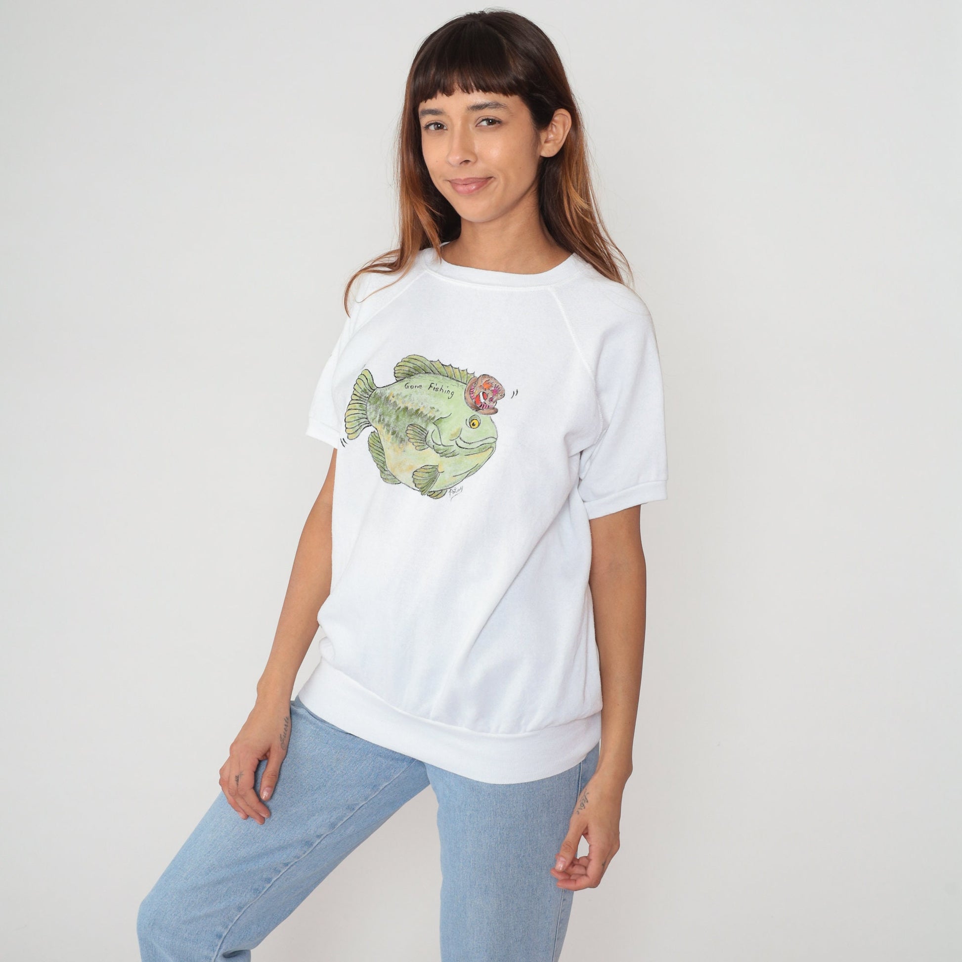 80s Gone Fishing Cartoon Graphic Raglan Sweatshirt White Large