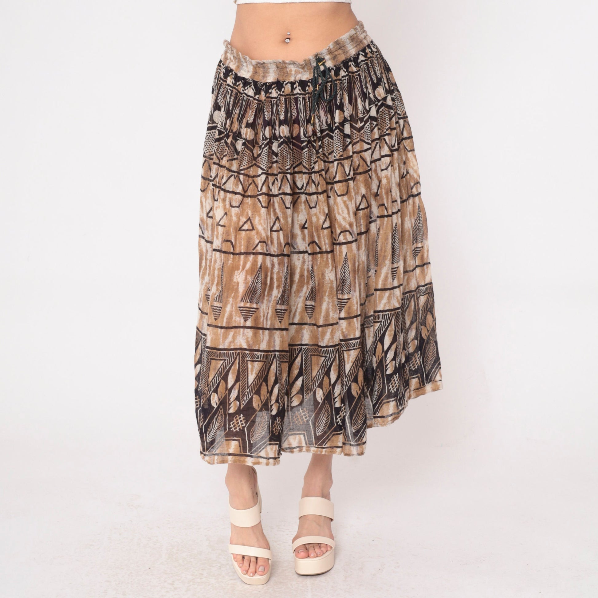 90s Geometric Leaf Print Broomstick Skirt Brown Midi Cotton Medium