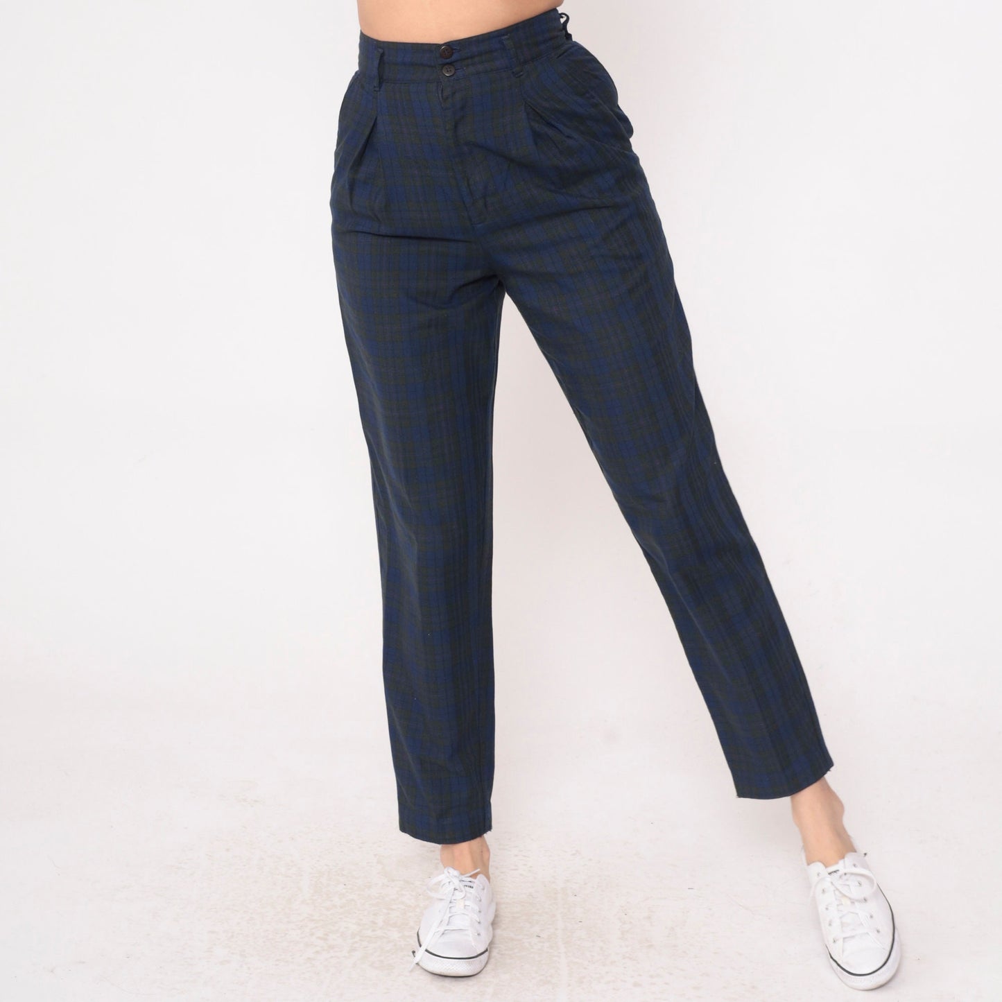 80s Palmettos Tapered Plaid Trousers Blue Charcoal High Waisted Pleated Extra Small