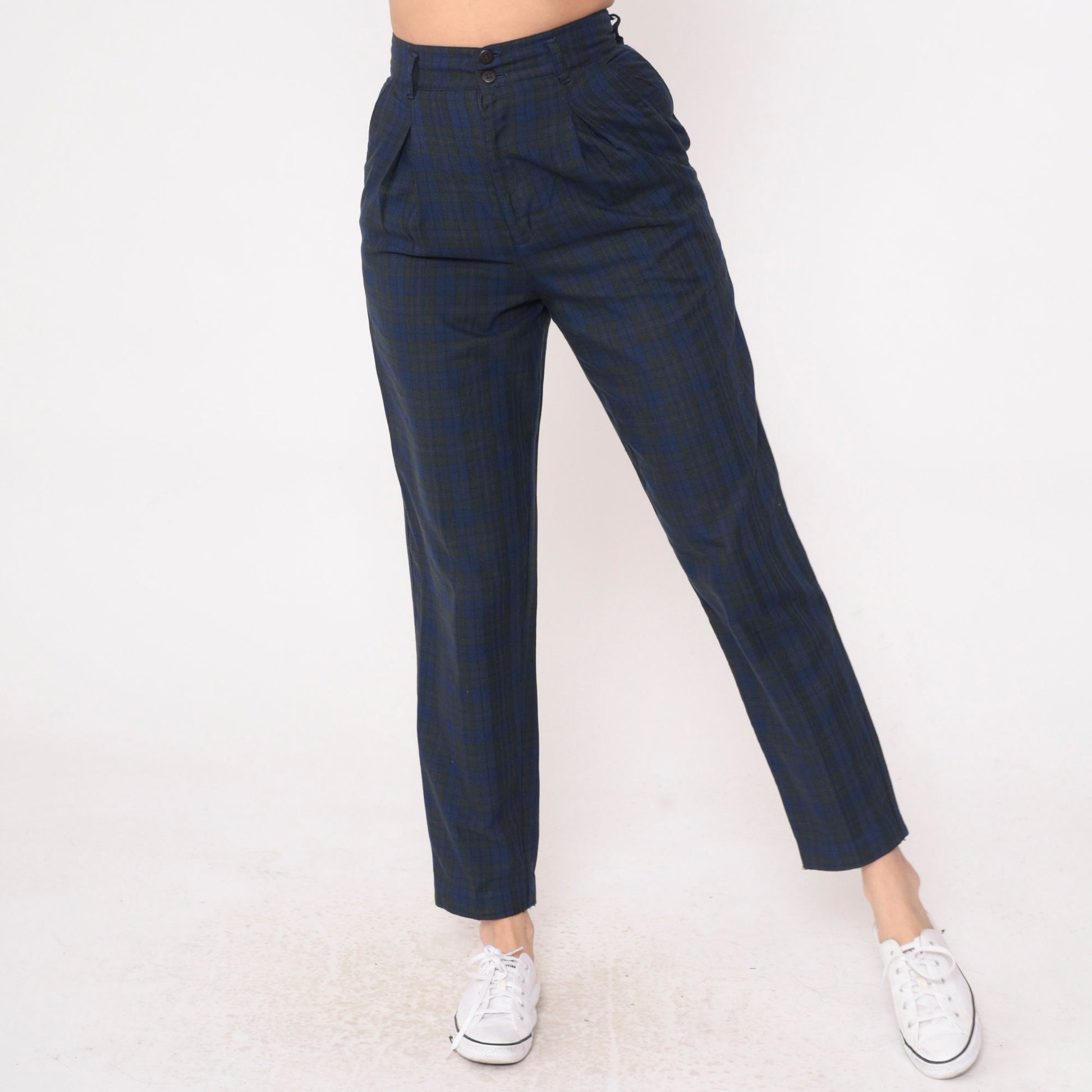 80s Palmettos Tapered Plaid Trousers Blue Charcoal High Waisted Pleated Extra Small