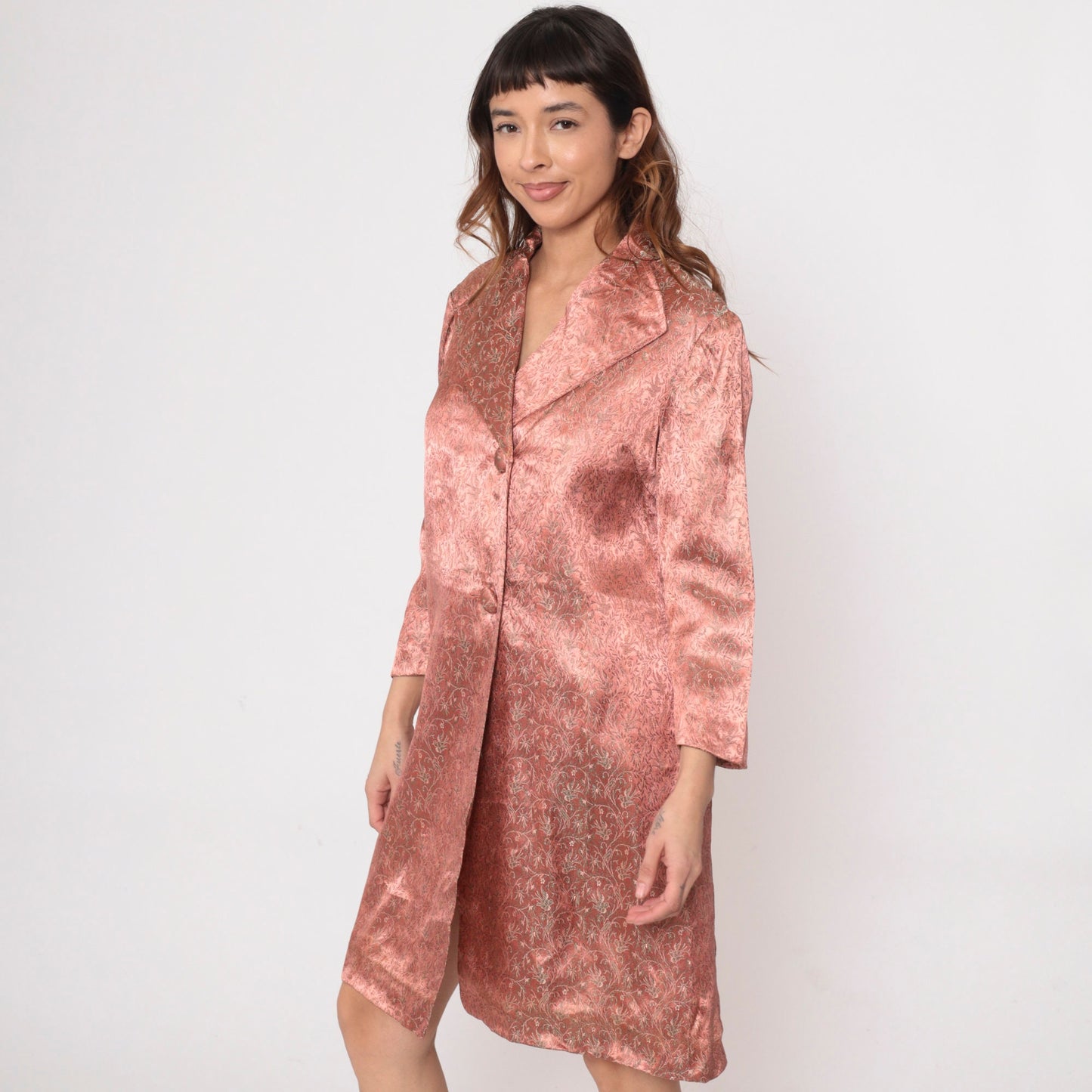 60s Pink Brocade Jacket Floral Bird Design Knee Length Button Up Medium