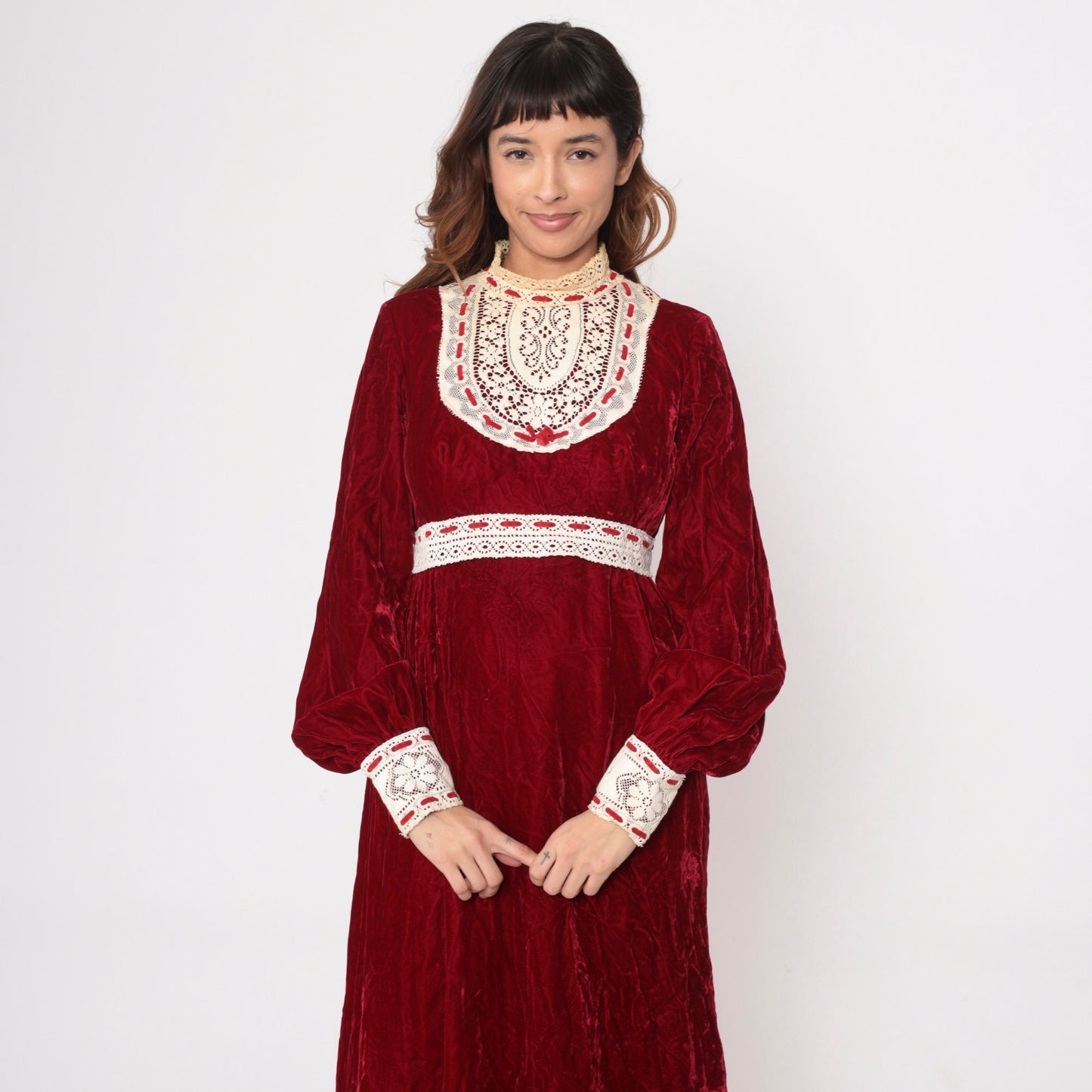 70s Red Velvet Maxi Dress Empire Waist Lace Bib Balloon Sleeve Medium