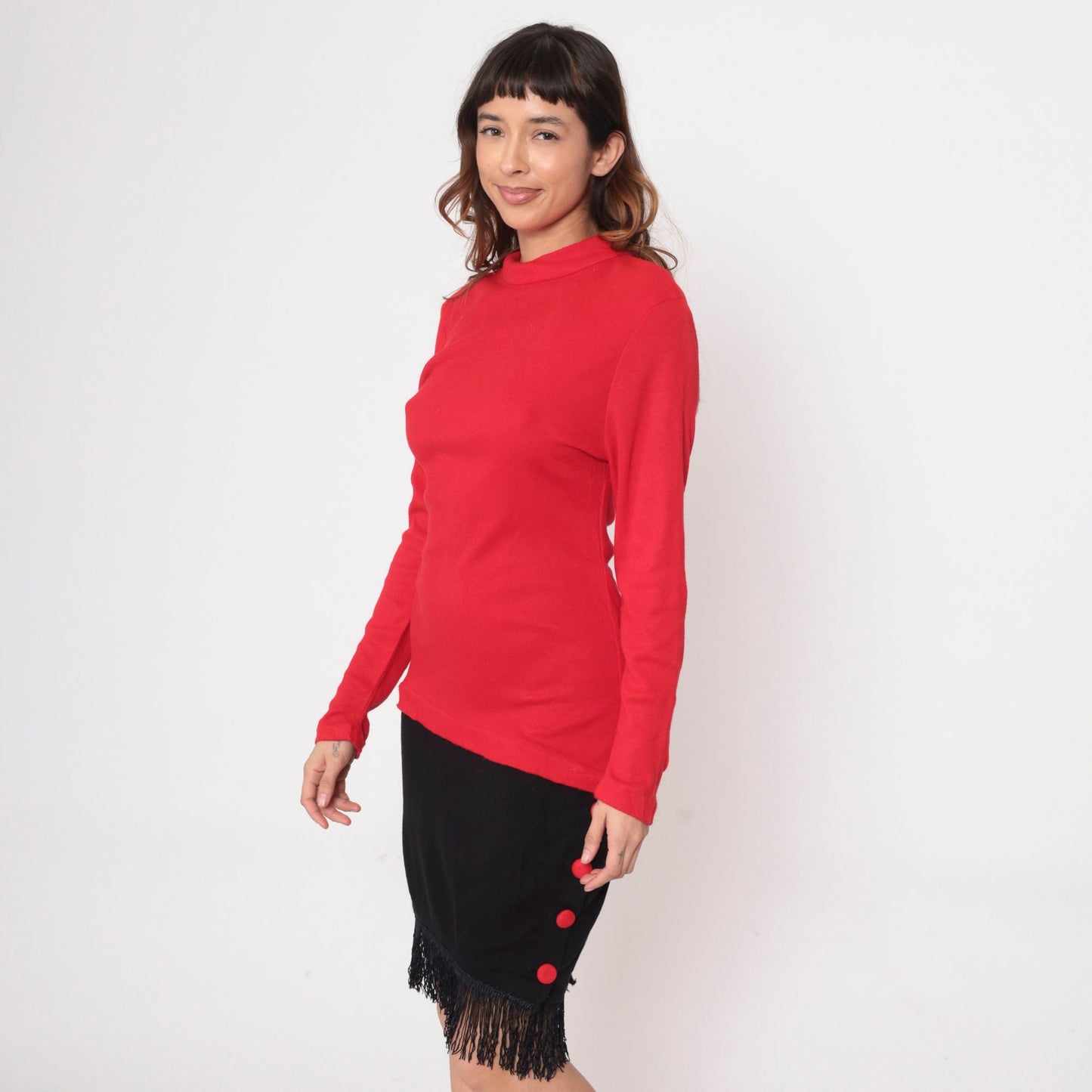 80s Color Block Dress Red Black Fringe Mock Neck Drop Waist Small