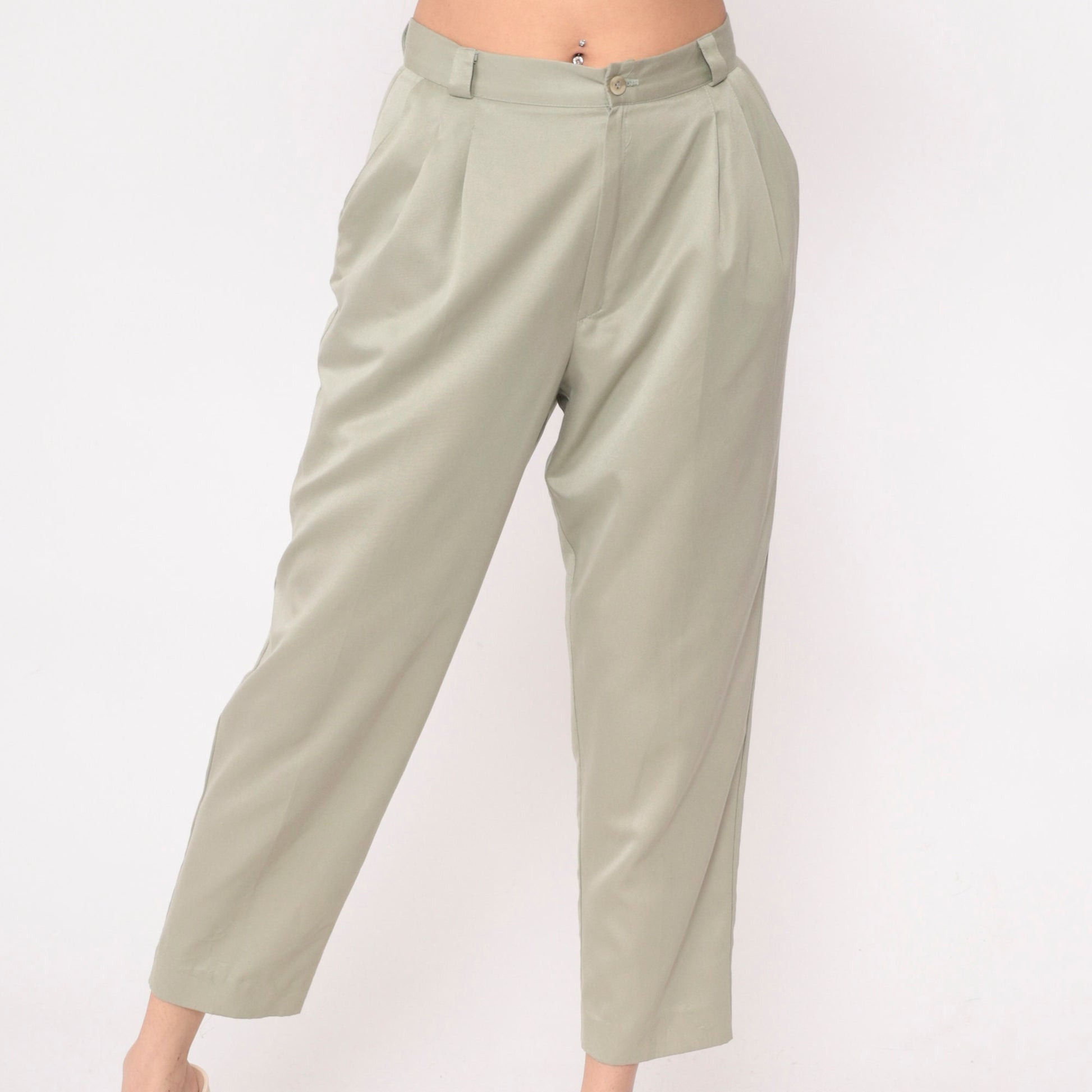 90s Khaki Pleated High-Waist Ankle Trousers Shimmer Petite Medium
