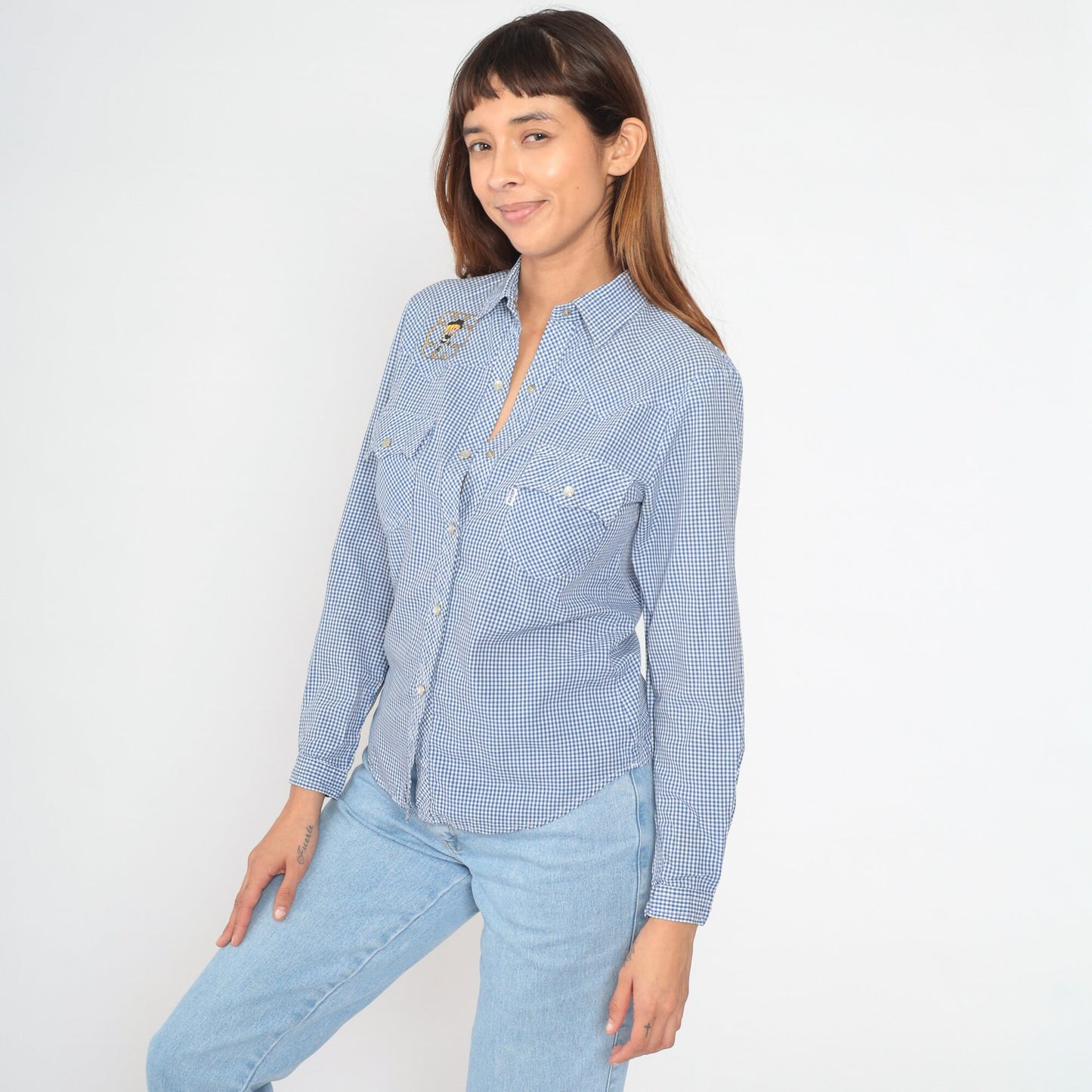 80s Levi's Western Shirt Gingham Pearl Snap Cowgirl Embroidered Extra Small