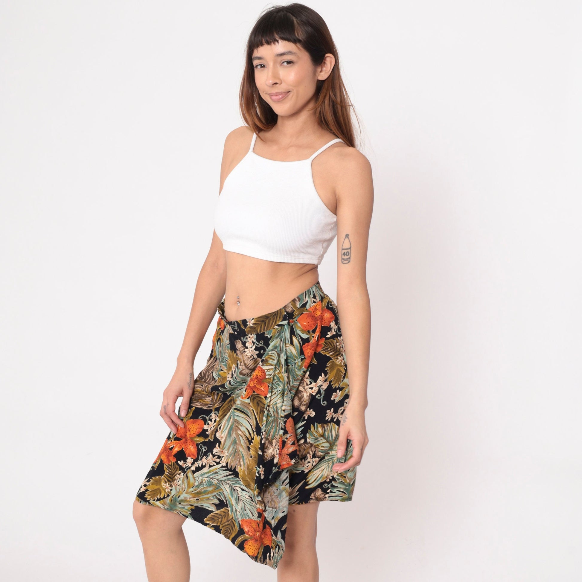 90s Carol Little Tropical Floral Mini Skirt Orange High Waist Faux Wrap Large