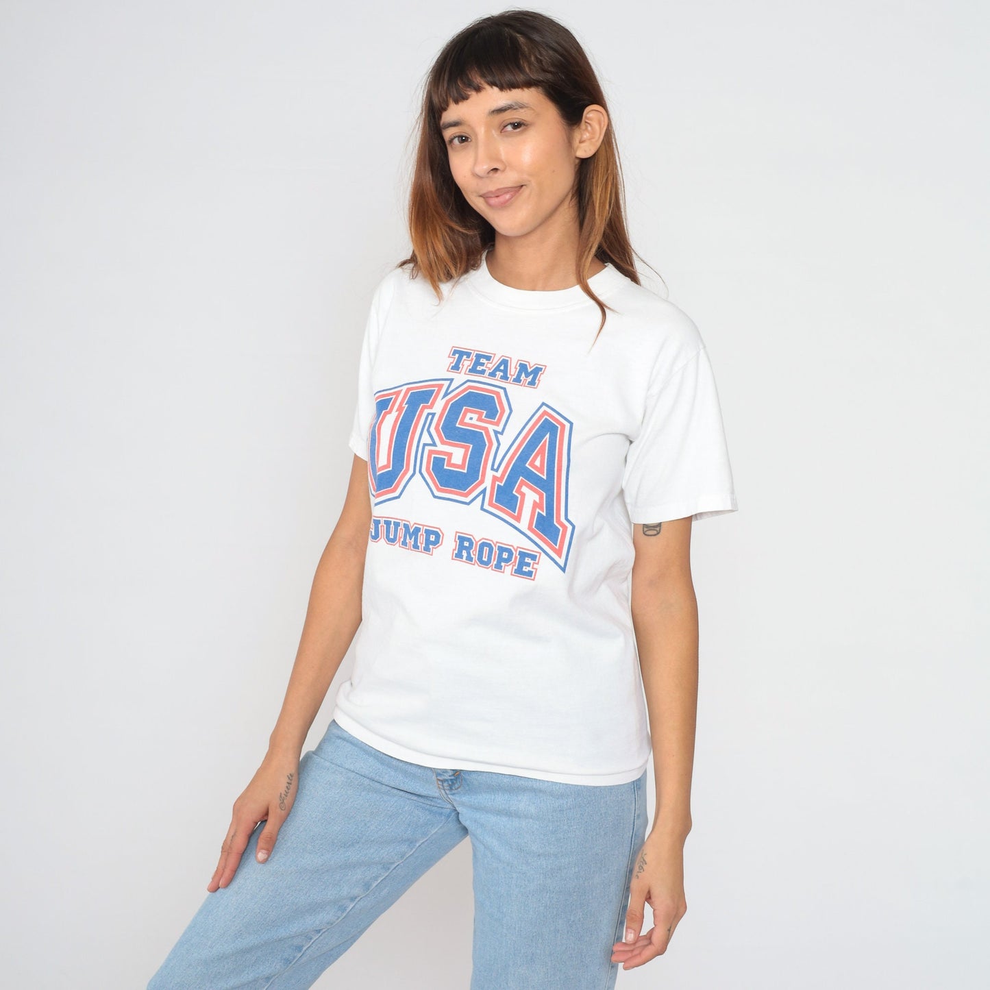 Y2K Team USA Jump Rope Graphic T-Shirt White Cotton Small