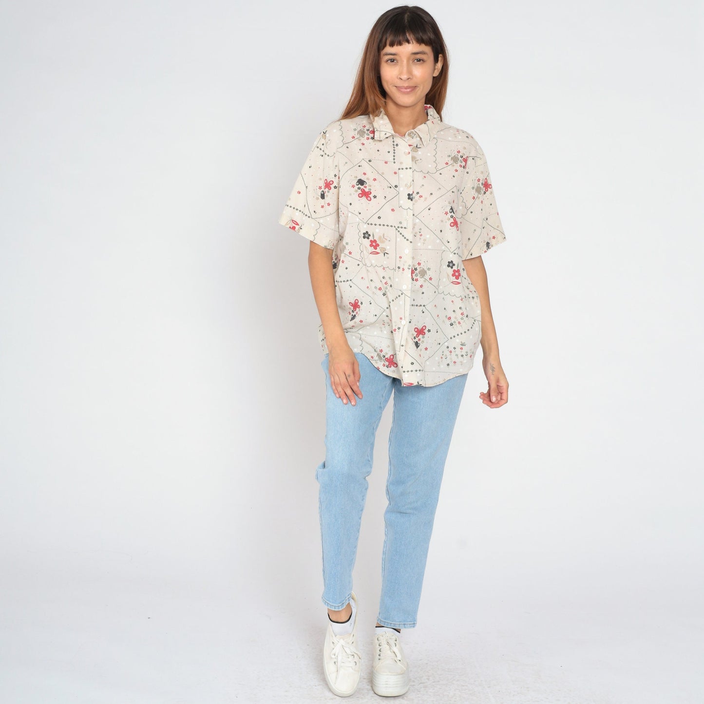 90s Floral Butterfly Button-Up Blouse Short Sleeve Cotton Shirt Extra Large XXL