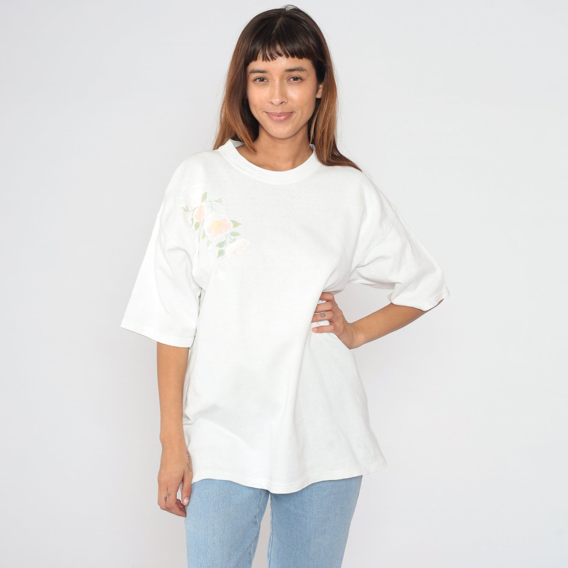 90s Lee White Floral Graphic T-Shirt Cotton Crewneck Large