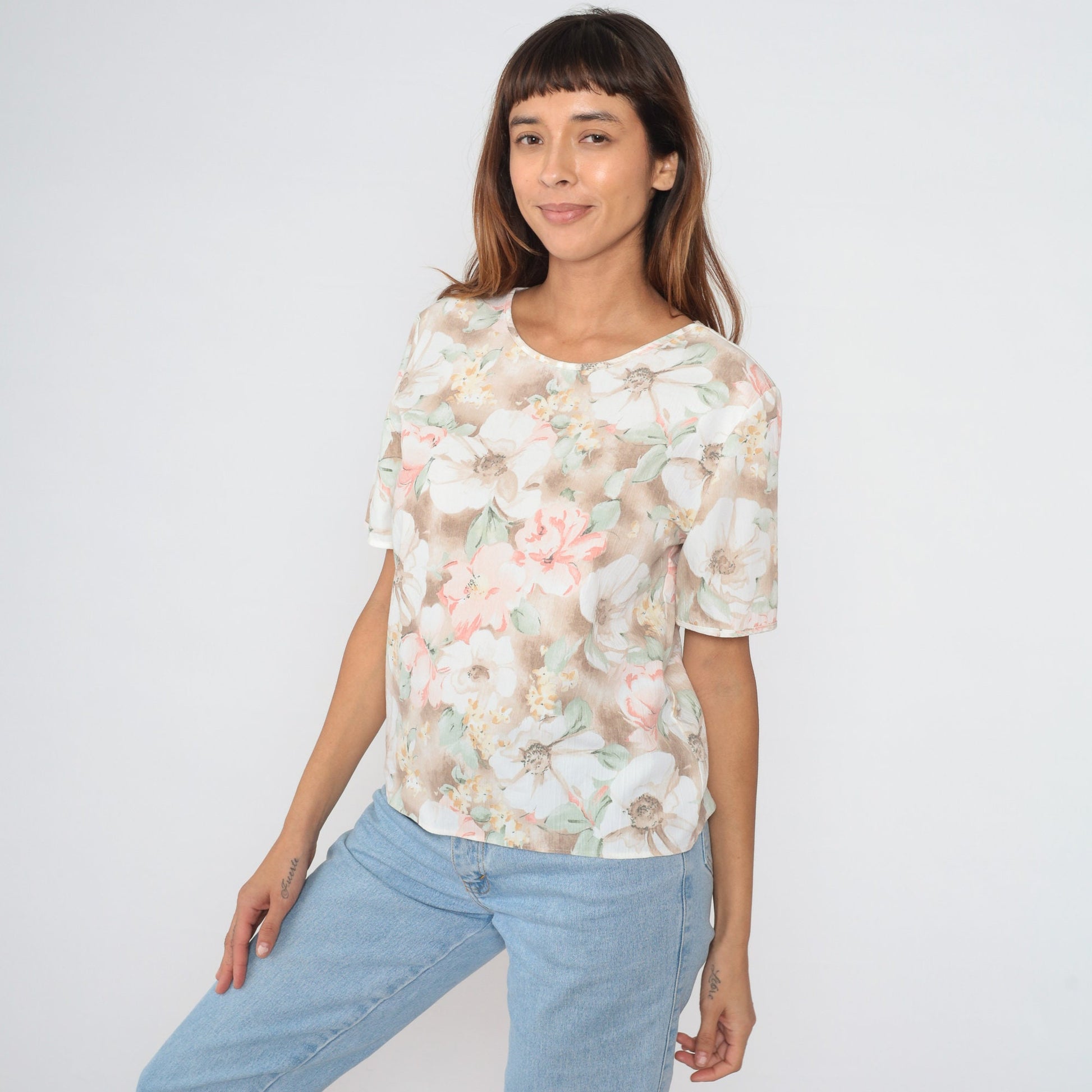 90s Muted Floral Blouse Watercolor Print Short Sleeve Top Small