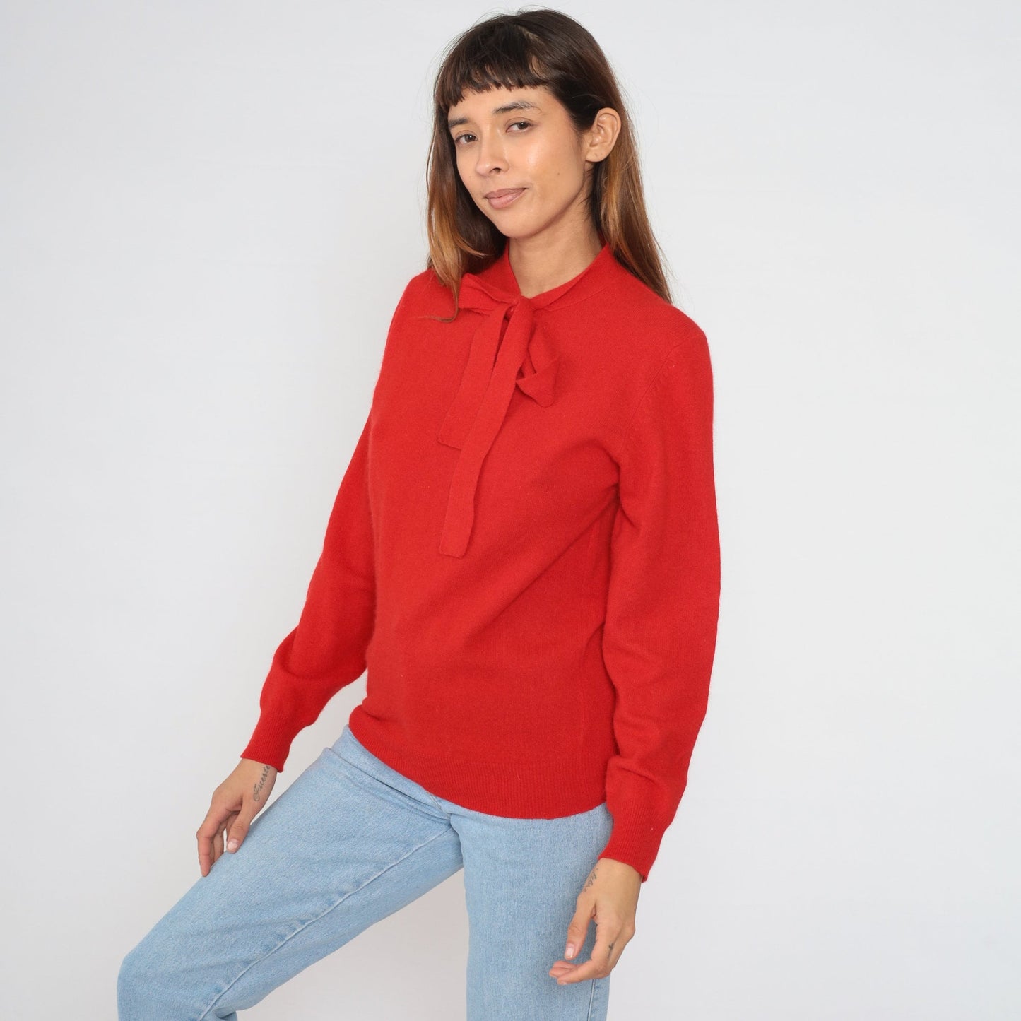 90s Halston Red Wool Angora Blend Sweater Bow Tie Neckline Medium M