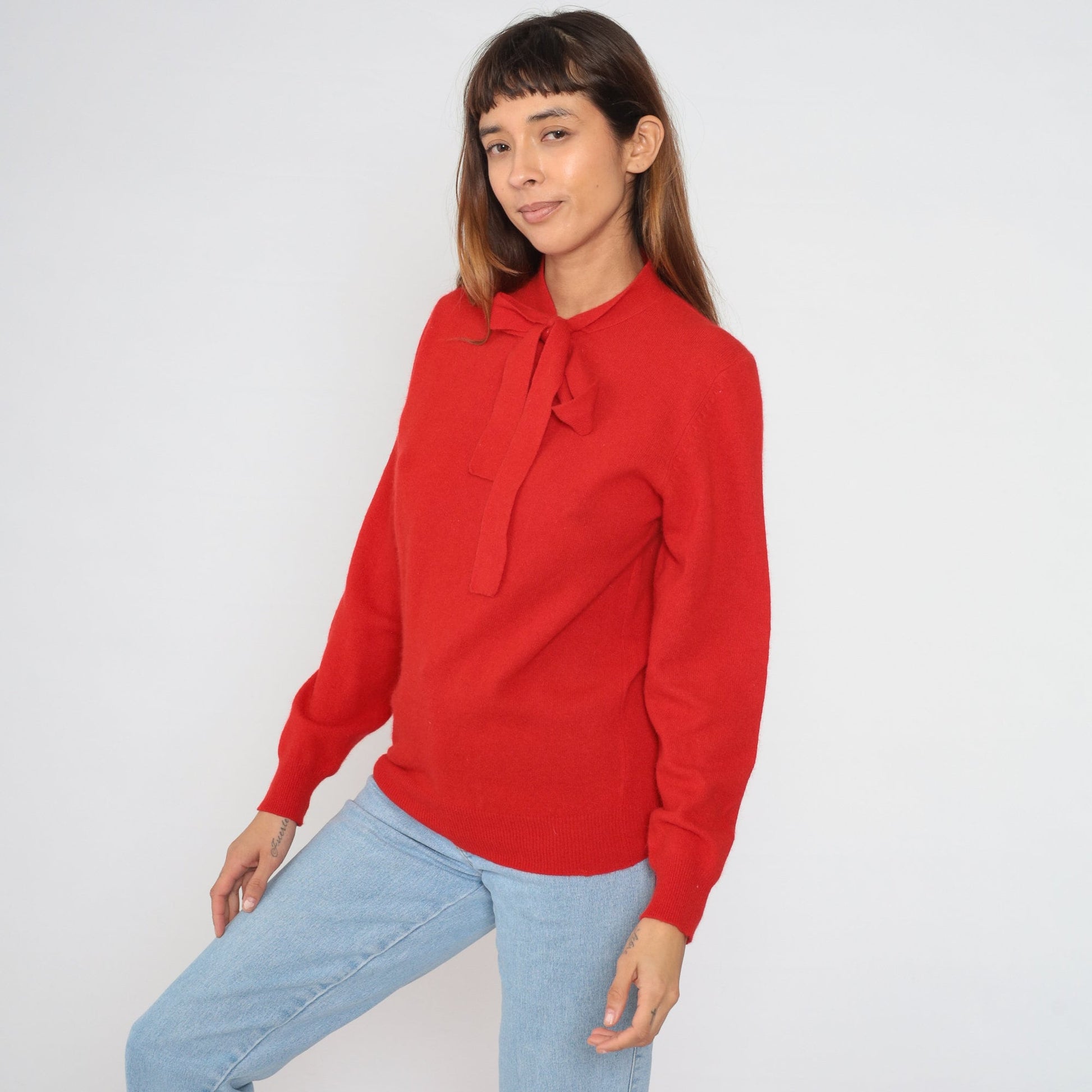 90s Halston Red Wool Angora Blend Sweater Bow Tie Neckline Medium M