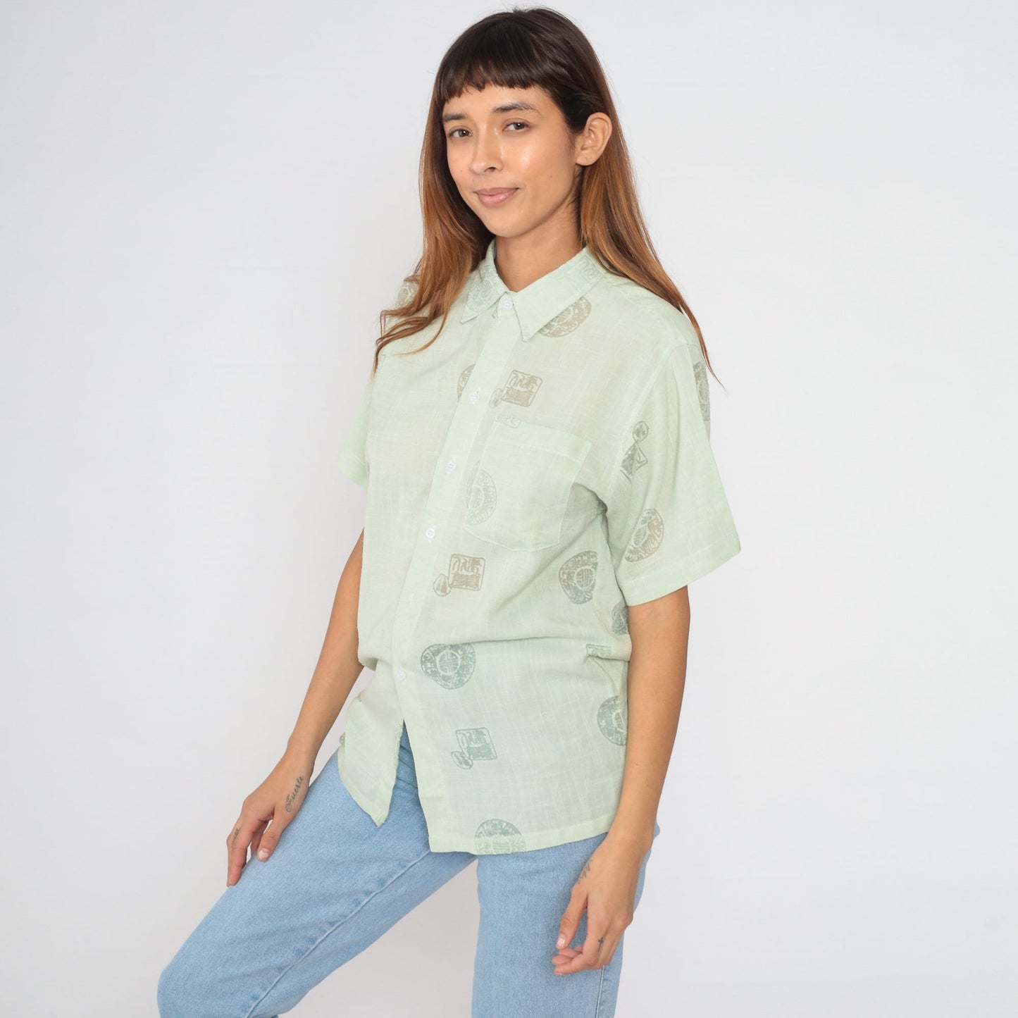 90s Quiksilver Medallion Print Button-Up Shirt Green Semi-Sheer Large L